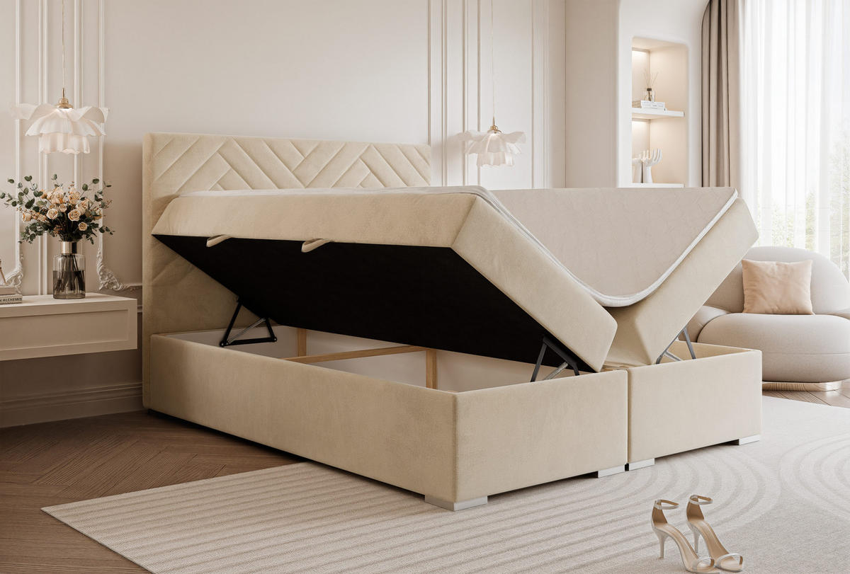 BOXBETT NEREA 160/200 cm mit Matratze und Topper, Hellbeige - Sandfarben, Textil (160/200cm) - Idohome