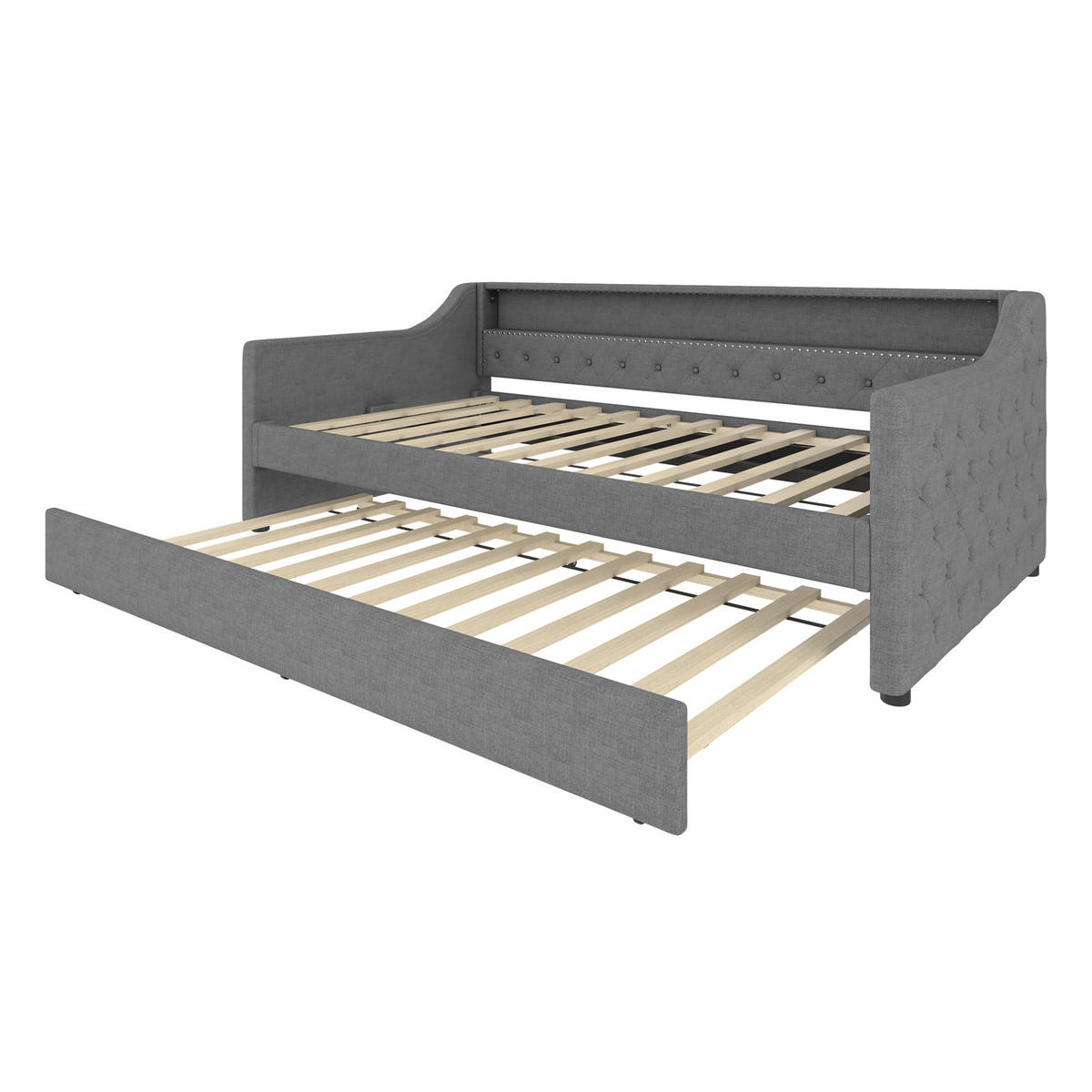 DAYBETT 90/200 cm Grau mit Ausziehbett und LED-Beleuchtung aus Leinen - Grau, Textil (90/200cm) - OKWISH