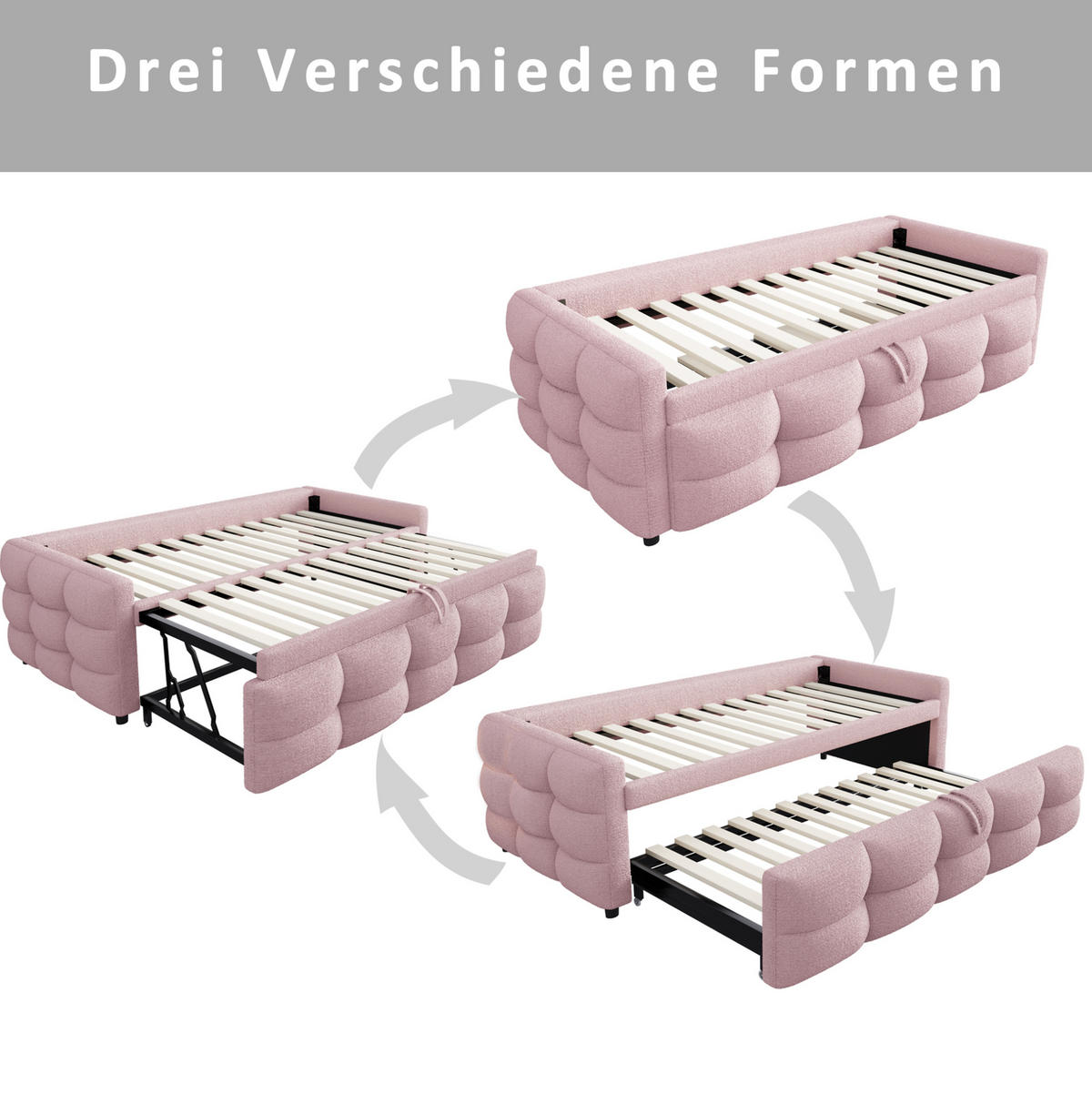 POLSTERBETT 90/180×190 cm in Rosa aus Teddystoff mit Lattenrost - Rosa, Textil (90/190cm) - Flora Grace