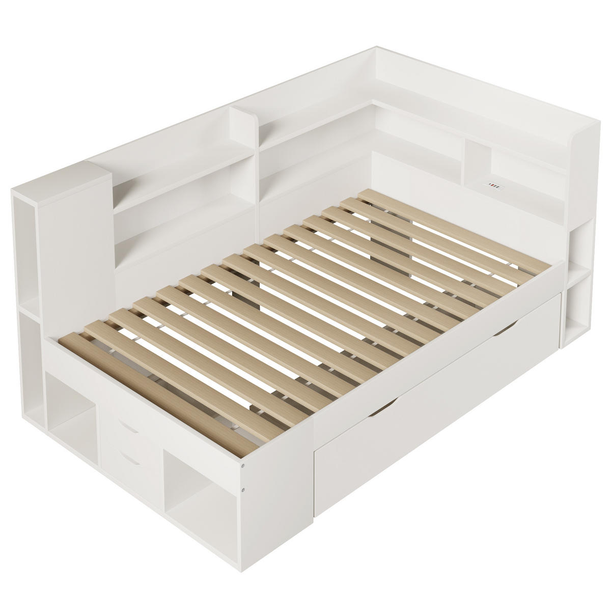 STAURAUMBETT 90/200 cm DE-01112, in Weiß, mit LED, Schubladen und Matratze - Weiß, Holz (90/200cm) - ComfortXL