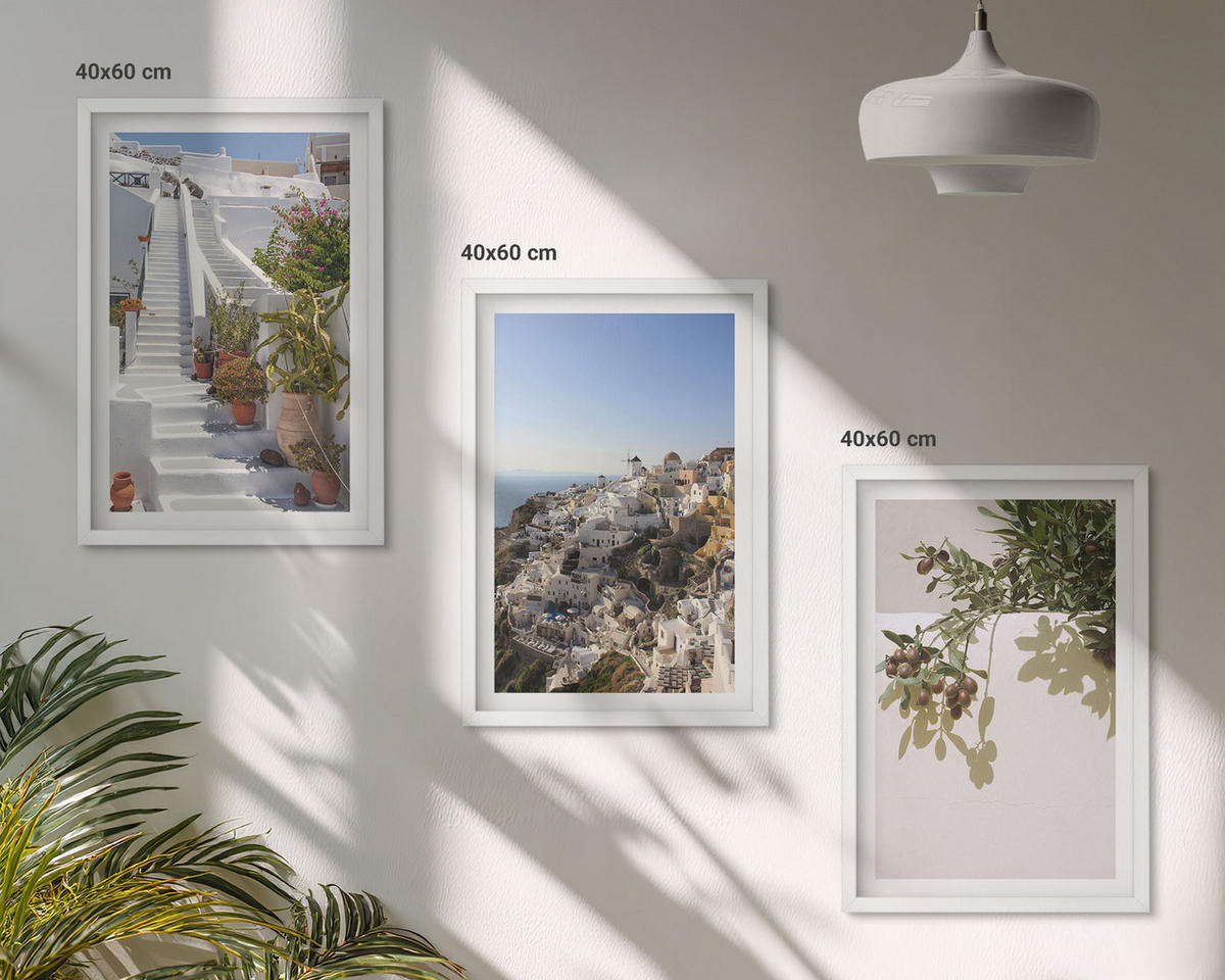BILDER SET 3er Set - 40x60 cm Weißer Rahmen - Weiße Treppe mit Blick auf Santorini - Weiß, Kunststoff (40/60cm) - TULUP