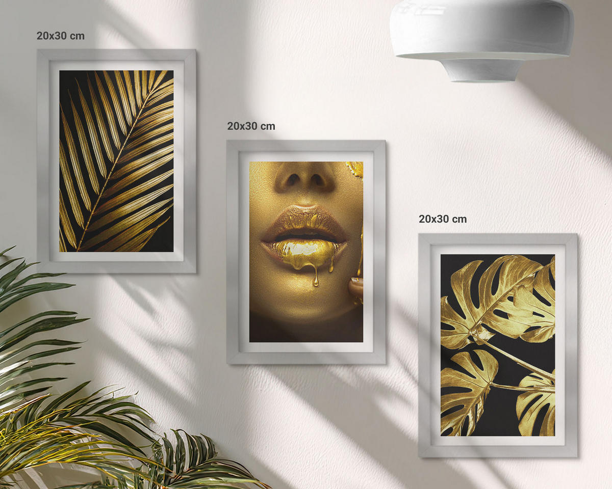 BILDER SET 3er Set - 20x30 cm Silberner Rahmen - Mund einer Frau mit Monstera-Palme - Silberfarben, Kunststoff (20/30cm) - TULUP