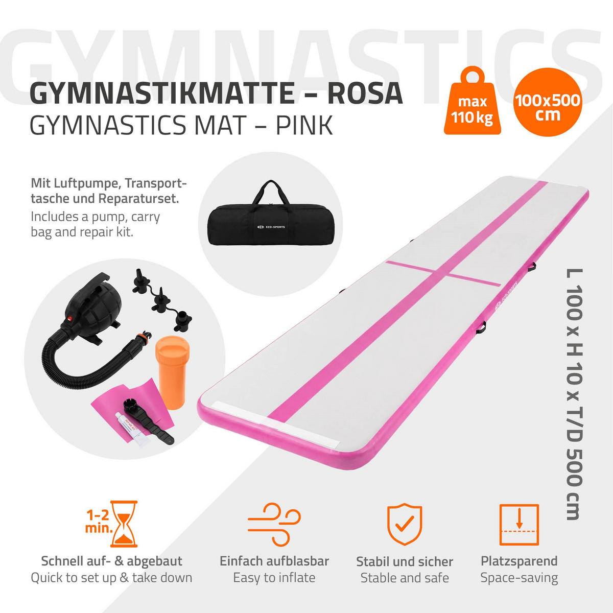 NAFUKOVACÍ gymnastická podložka Airtrack 500x100x10 cm růžová - růžová, plast (100/500cm) - ECD-Germany