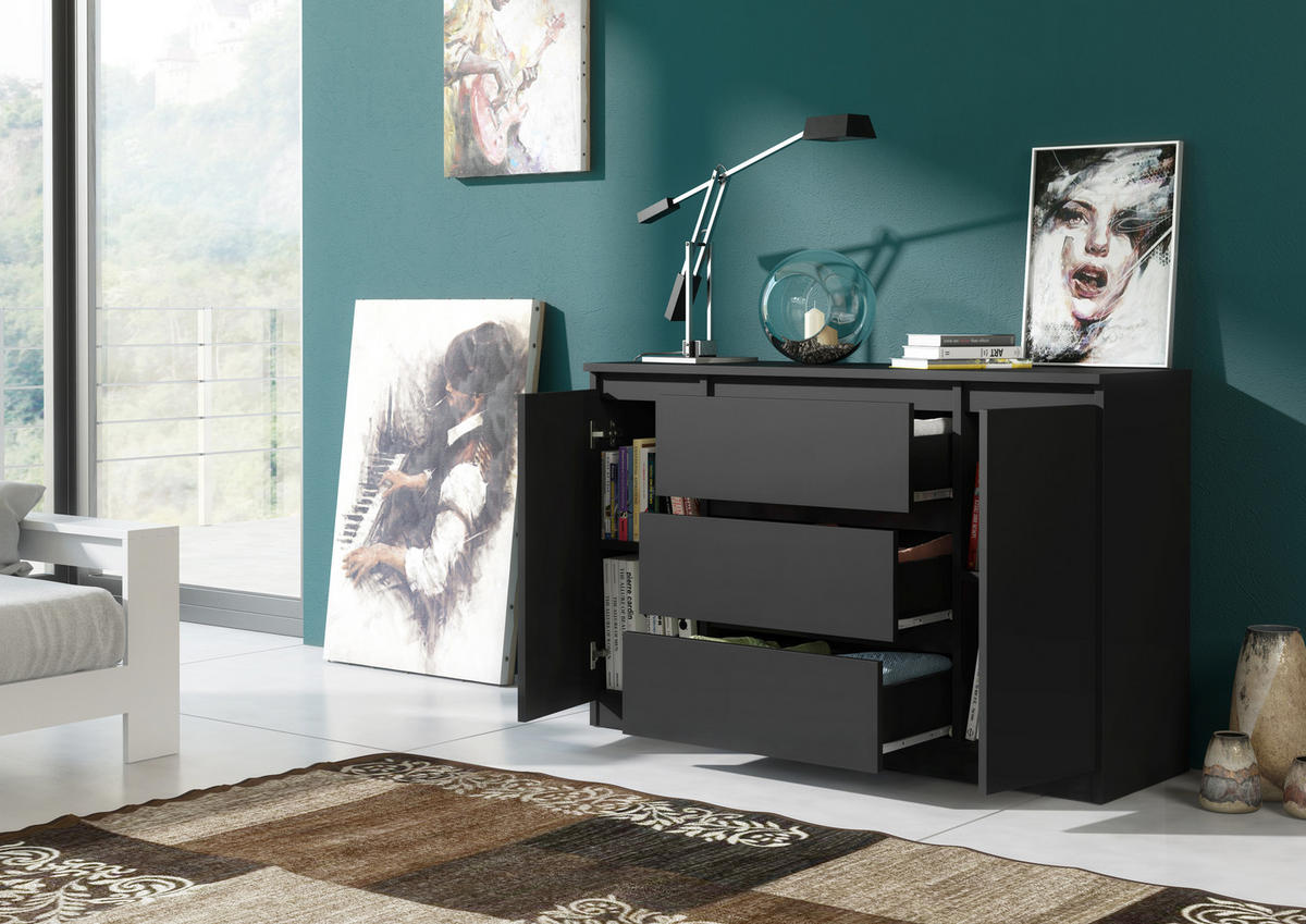 KOMMODE NUDO 138,5/78,2/39cm mit 3 Schubladen 2 Türen Schwarz - Schwarz, Holzwerkstoff (138.5/78.2/39cm) - MASSENO