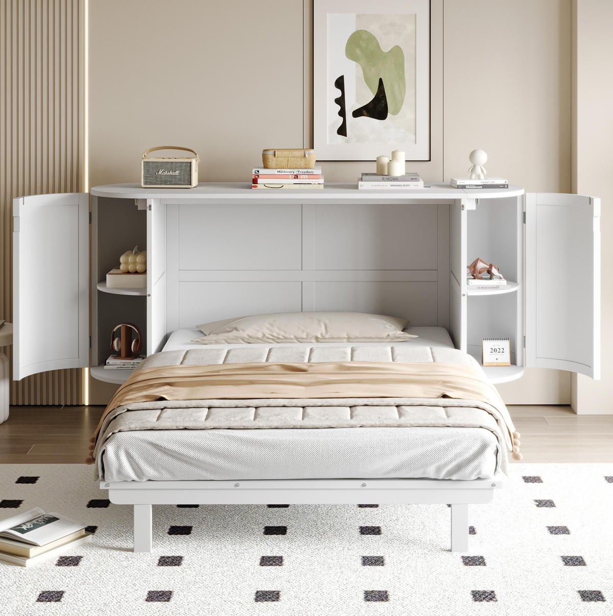 KLAPPBETT 140/200 cm Weiß Rattan-Design mit Lattenrost und Stauraum - Weiß, Holzwerkstoff (140/200cm) - OKWISH