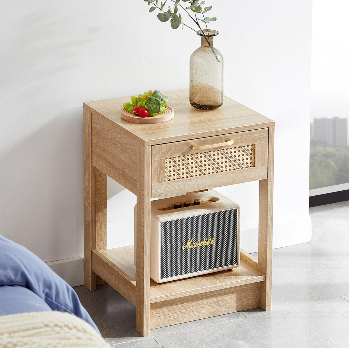 NACHTTISCH 40/40/55 cm in Natur mit Rattanfront und Schublade - Hellbraun, Holzwerkstoff (40/55/40cm) - Flora Grace
