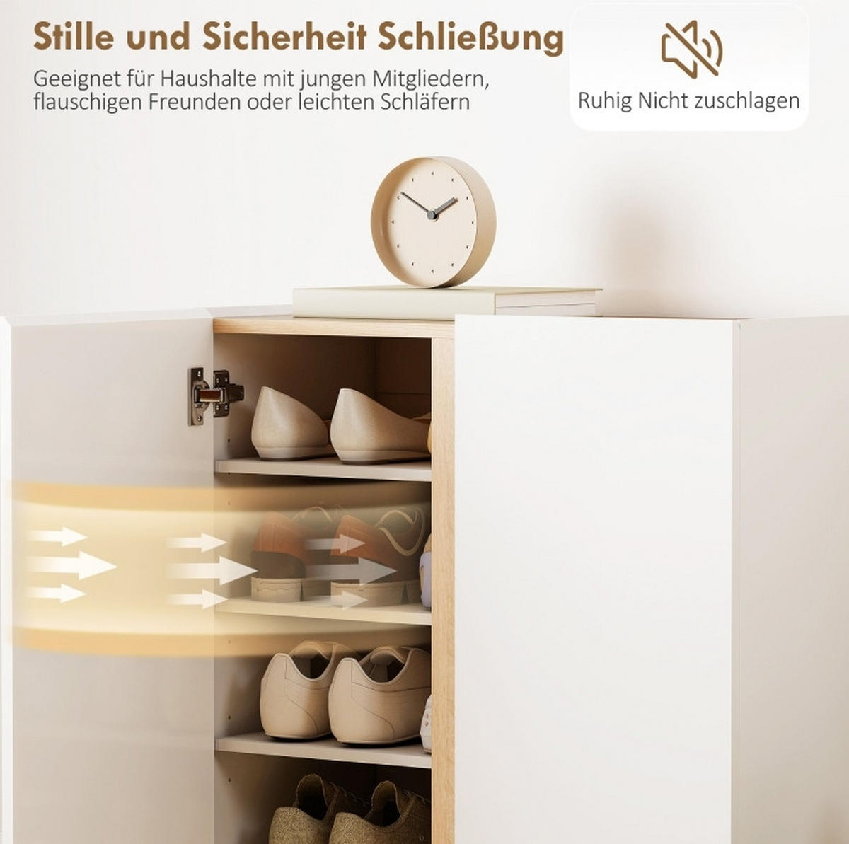 SCHUHSCHRANK grifflos mit Soft-Close-Türen, 6 Ebenen, bis ca. 18 Paare - Weiß, Holz (70/95/35cm) - BEAOK
