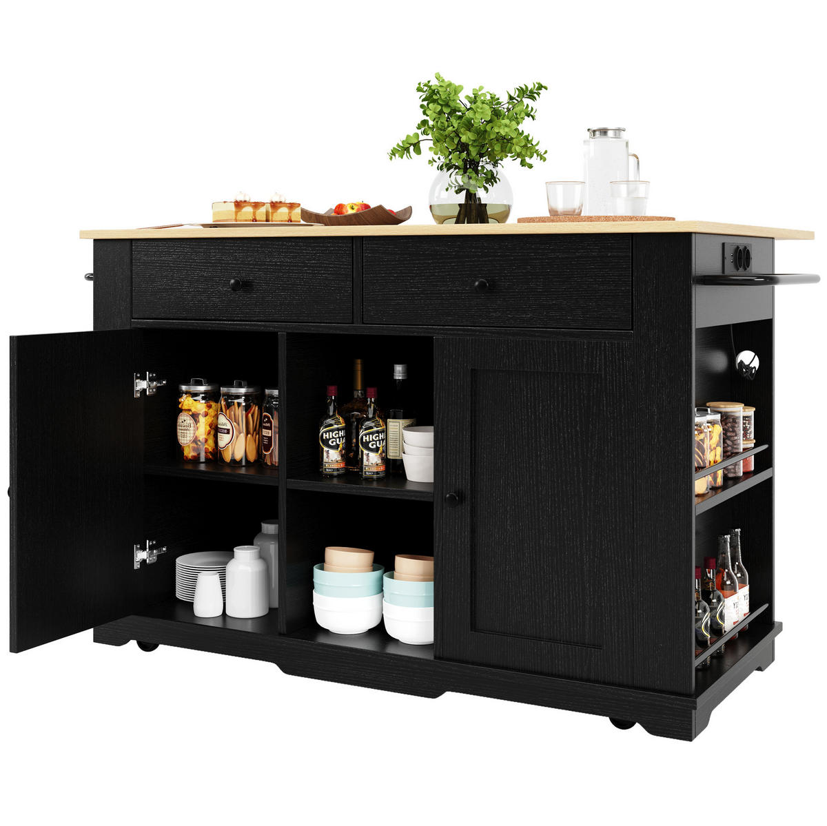 KÜCHENINSEL 151,5/59,7/91,7 cm schwarz mit Steckdosen und klappbarer Tischplatte - Schwarz, Holzwerkstoff (151.5/91.7/84.7cm) - OKWISH