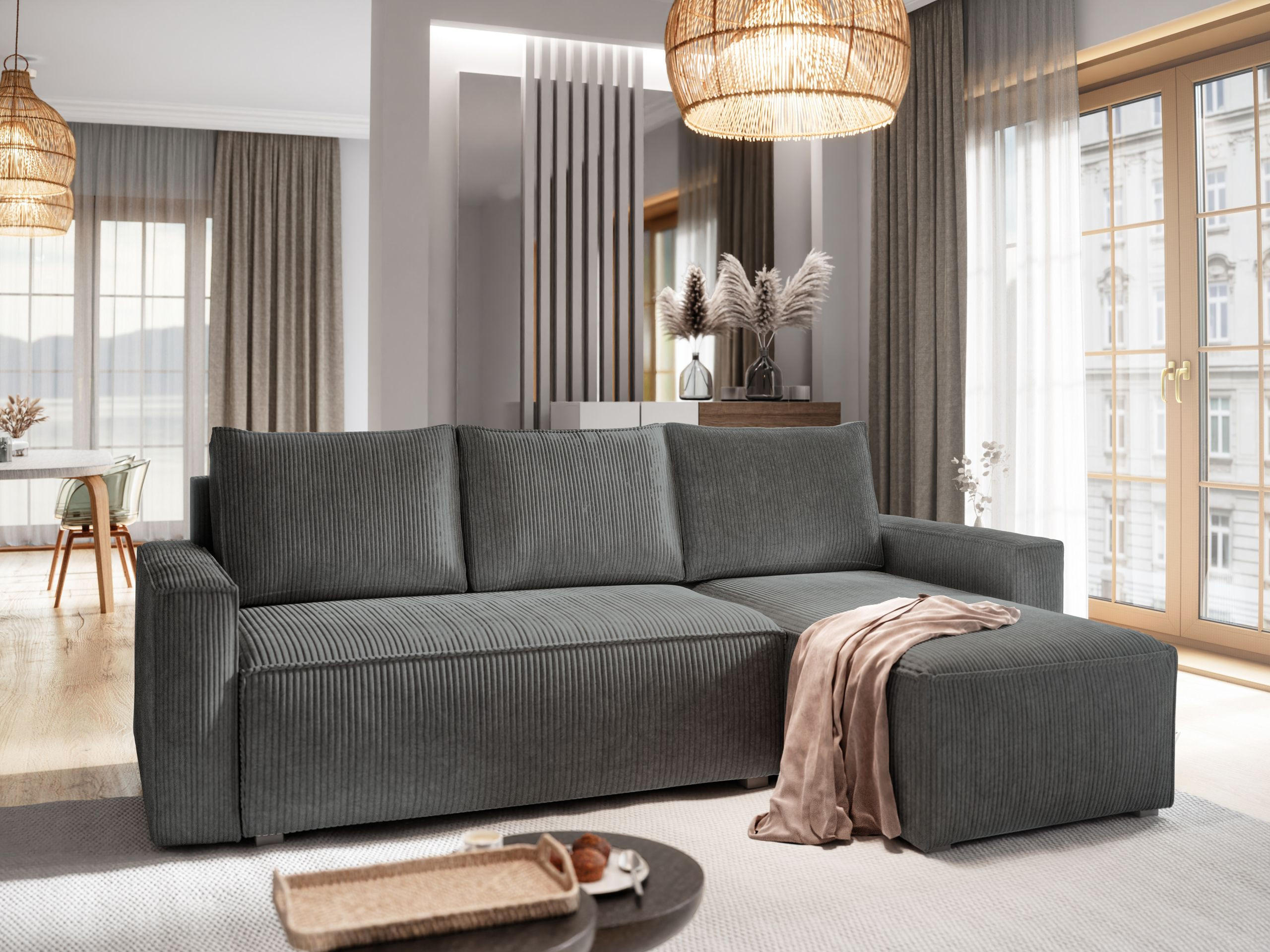 ECKSOFA POTARO Grau Kordstoff mit Schlaffunktion - Grau, Holz (232/140cm) - MASSENO