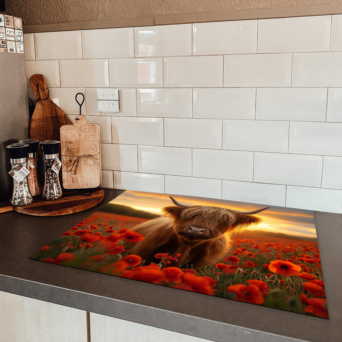HERDABDECKPLATTE Schottische Highlander - Rosen - Blumenfeld - Sonnenuntergang Herdabdeckung Induktionsfeld 70x52 cm - Rotbraun, Kunststoff (70/52/0.2cm) - MuchoWow