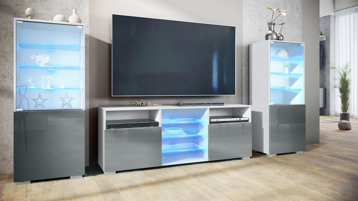 WOHNWAND Granada Grau Hochglanz - Grau, Holzwerkstoff (286/122.5/35cm) - Vladon