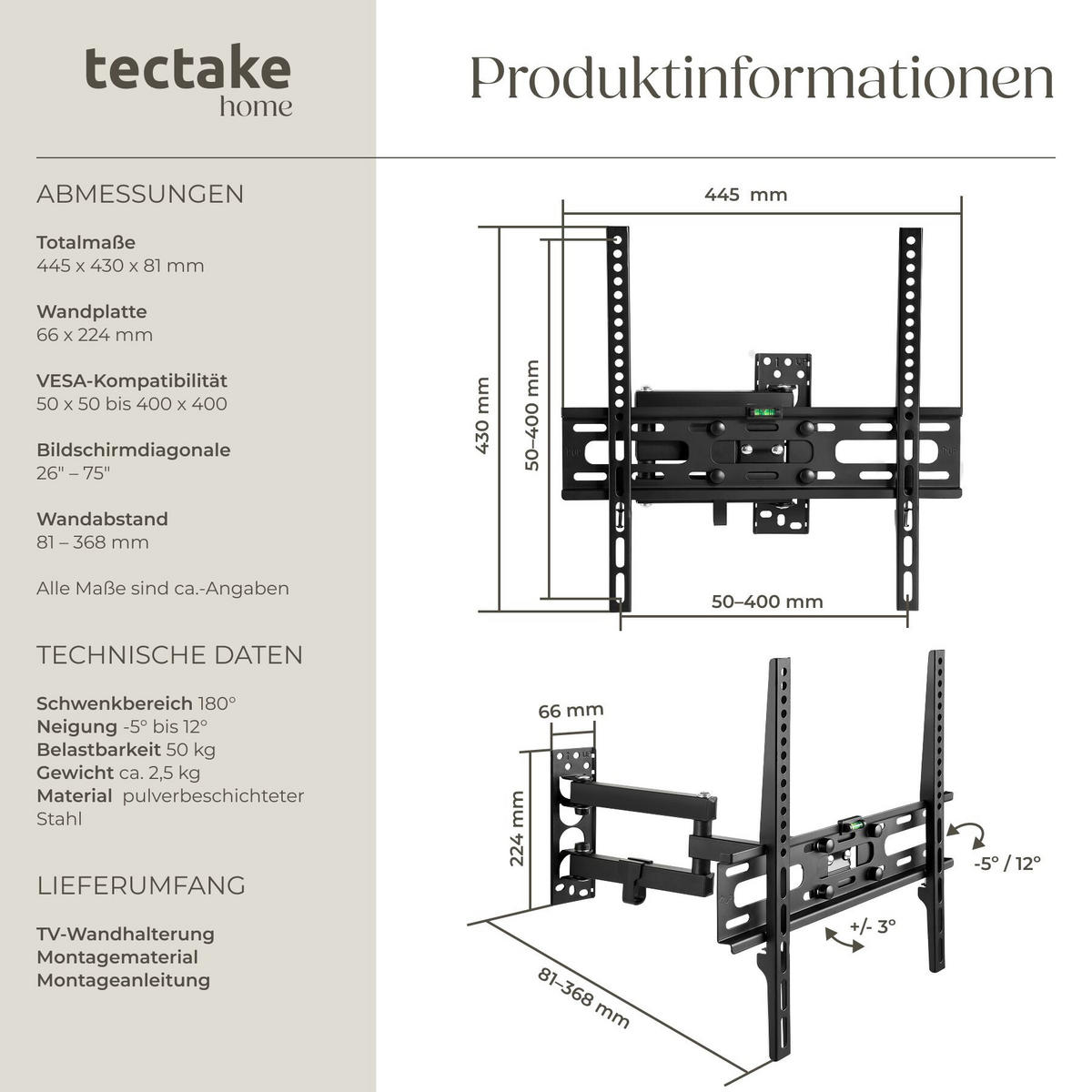 TV-WANDHALTERUNG, bis 50 kg, schwarz - Schwarz, Metall (8.1/43/44.5cm) - tectake