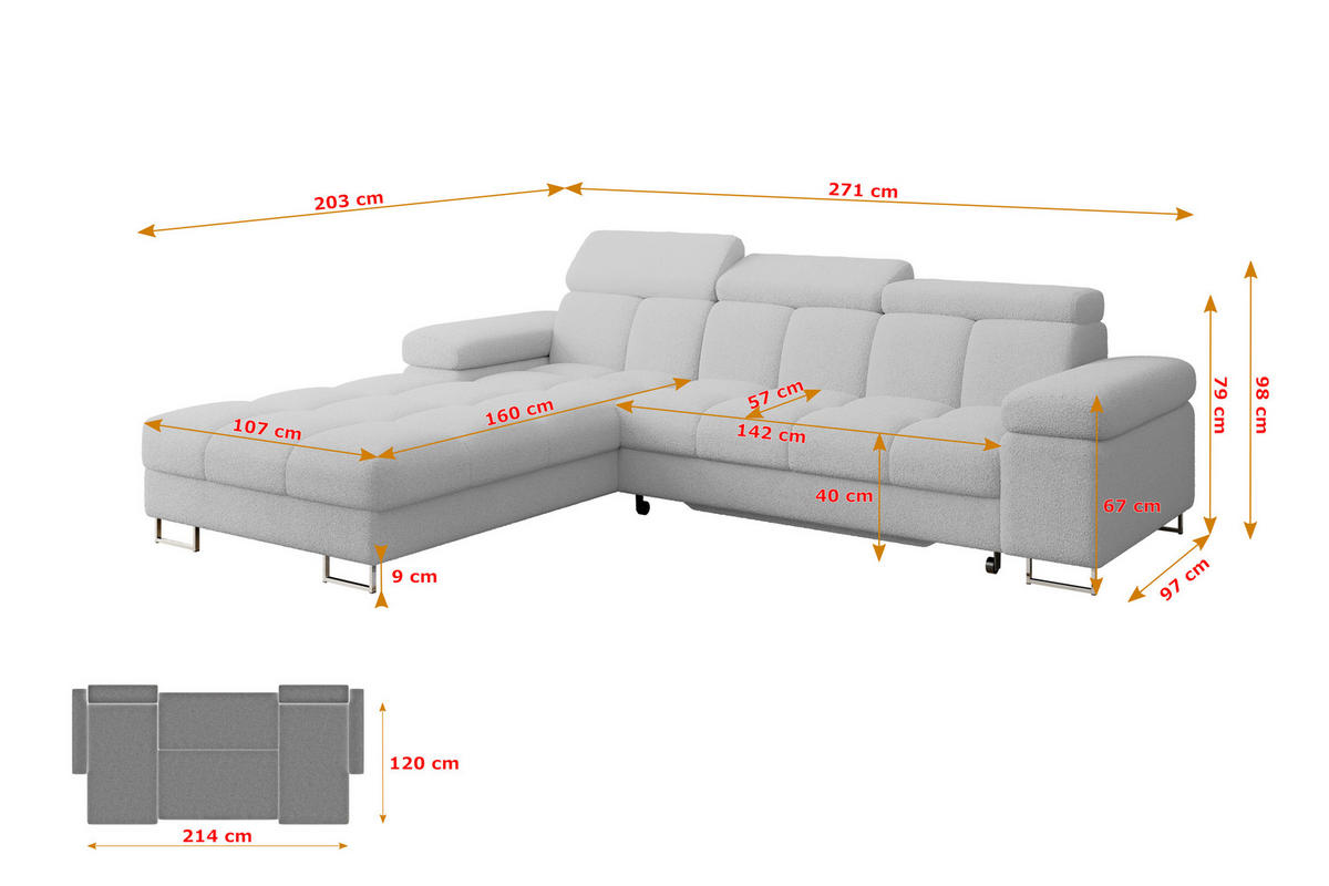 ECKSOFA mit Schlaffunktion Ottomane Links 271x203x79 Hellgrau Bouclé - Edelstahlfarben, Holzwerkstoff/Textil (271/203cm) - ALTDECOR