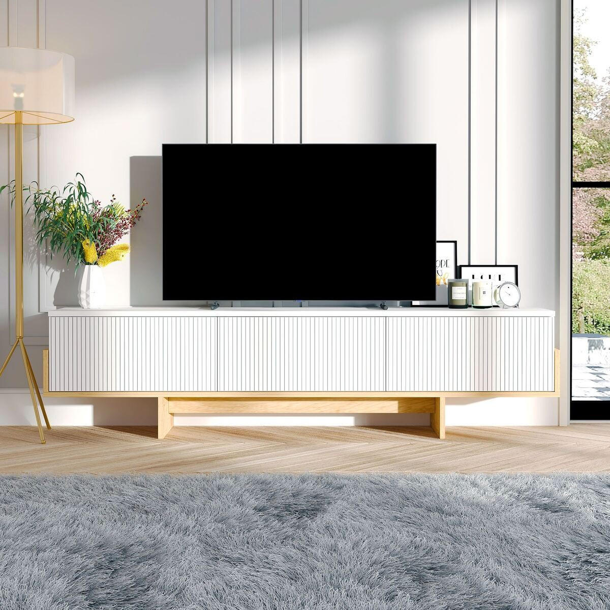 TV-MÖBEL mit 3 abklappbaren Türen gestreift 30/180/44,6 cm - Weiß, Holzwerkstoff (30/44.6/180cm) - Calicosy