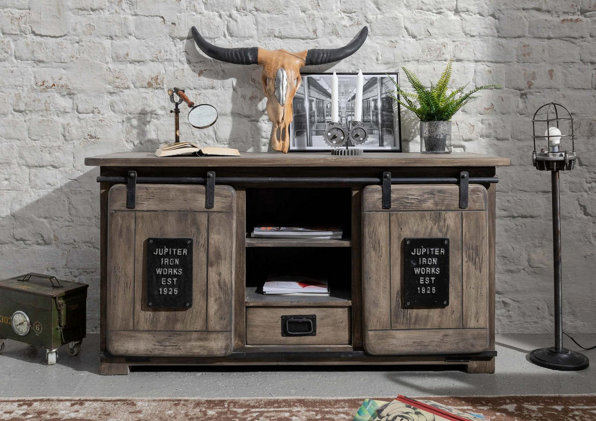 SIDEBOARD Mango 128x45x70 grau lackiert RAILWAY #202 - Grau, Holz (128/70/45cm) - Massivmoebel24
