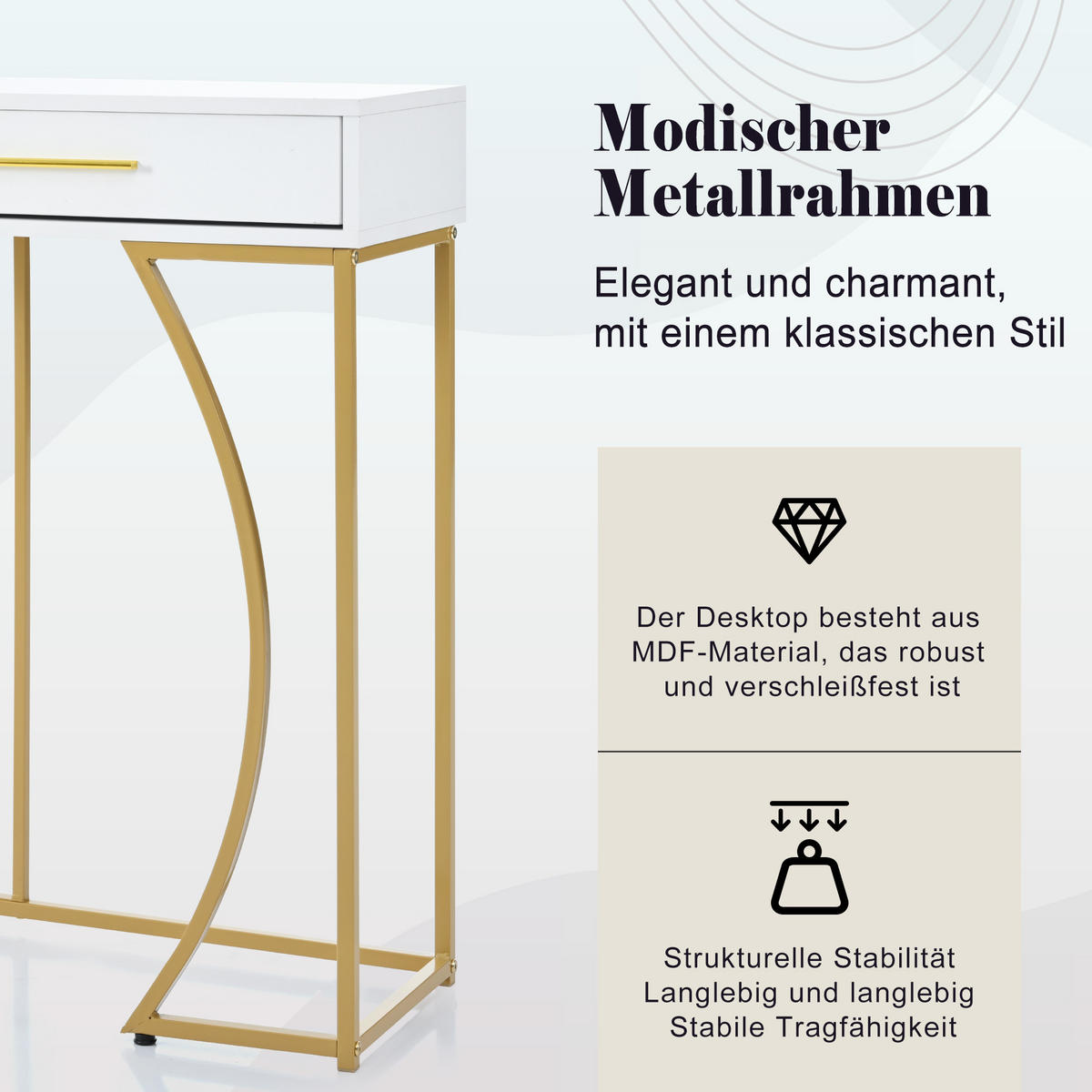 KONSOLENTISCH Golden und Weiß 110/32/85CM - Weiß, Holzwerkstoff/Metall (110/32/85cm) - Urban Meuble