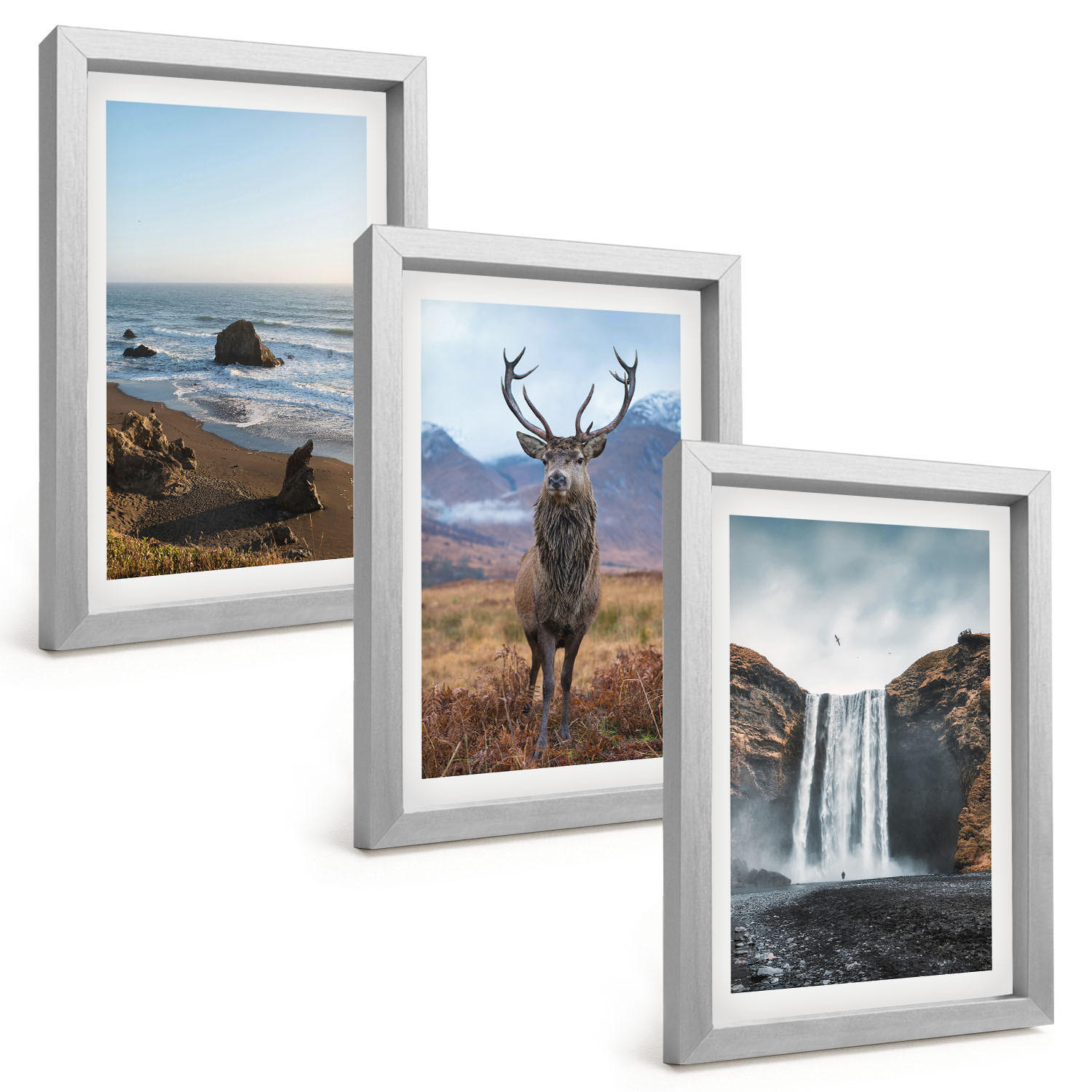 BILDER SET 3er Set - 20x30 cm Silberner Rahmen - Berglandschaften mit einem Wasserfall - Silberfarben, Kunststoff (20/30cm) - TULUP