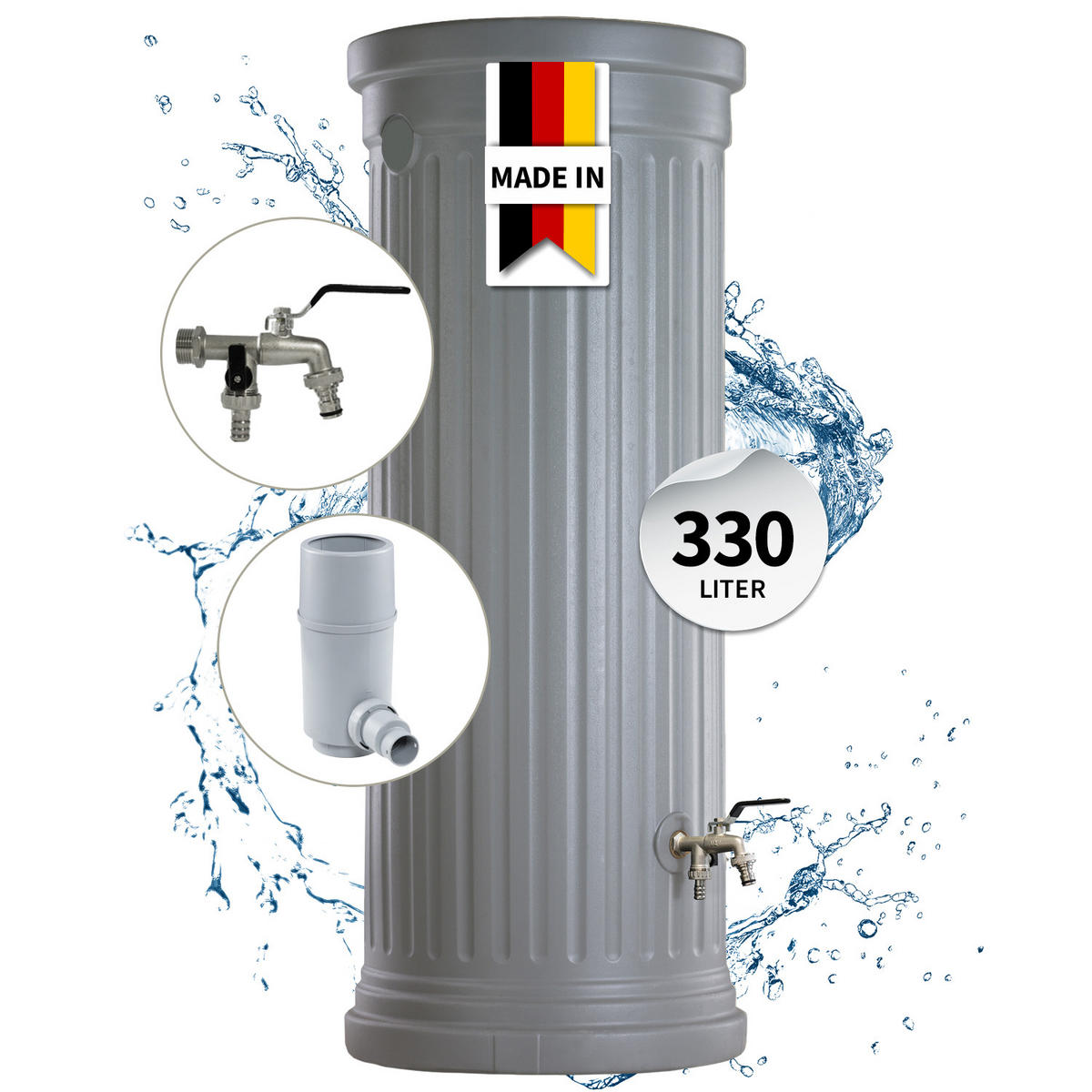 SÄULENTANK Komplett-Set 330 L, steingrau inkl. Chrom-Doppelauslaufhahn und Fallrohranschluss - Grau, Kunststoff (59/161/80cm) - GARANTIA