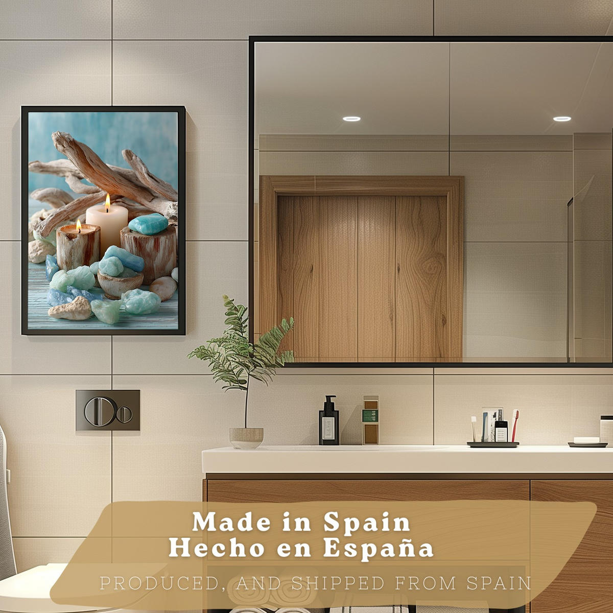 POSTER 4er-Set Badezimmer-Wandposter, Strand-Spa-Poster für Waschbecken, Dusche, WC mit Muscheln, Kerzen, Handtüchern und Meersalz Schwarzer Rahmen A4 - Schwarz, Papier (29.7/21/3cm) - Nacnic