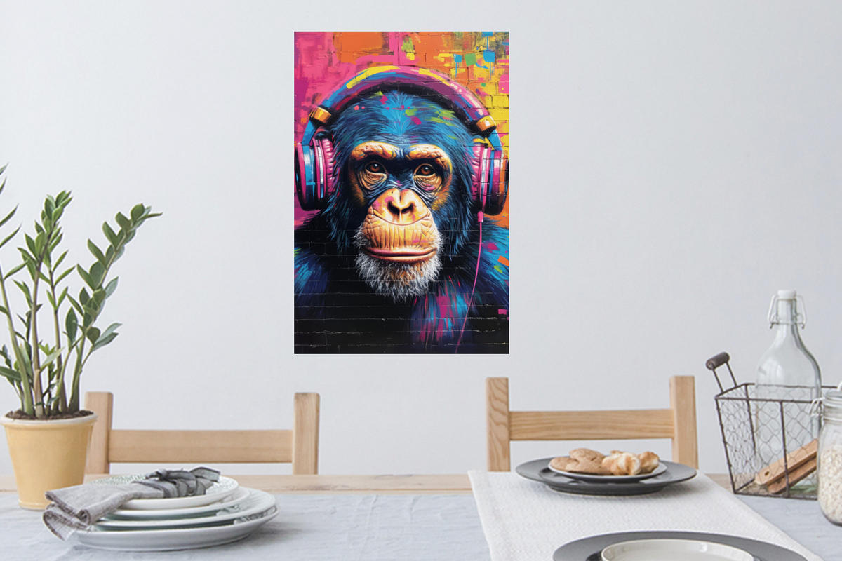 WANDTATTOO Graffiti - Schimpanse - Straßenkunst - Kopfhörer - Affe 40x60 cm - Blau, Kunststoff (40/60/0.1cm) - MuchoWow