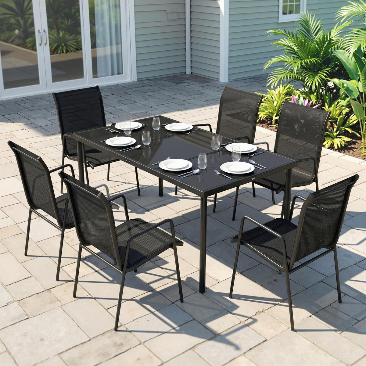 GARTENMÖBELSET 6-teilig,Tisch+stapelbare Textilene-Stühle,schwarz - Schwarz, Metall - Vallsero