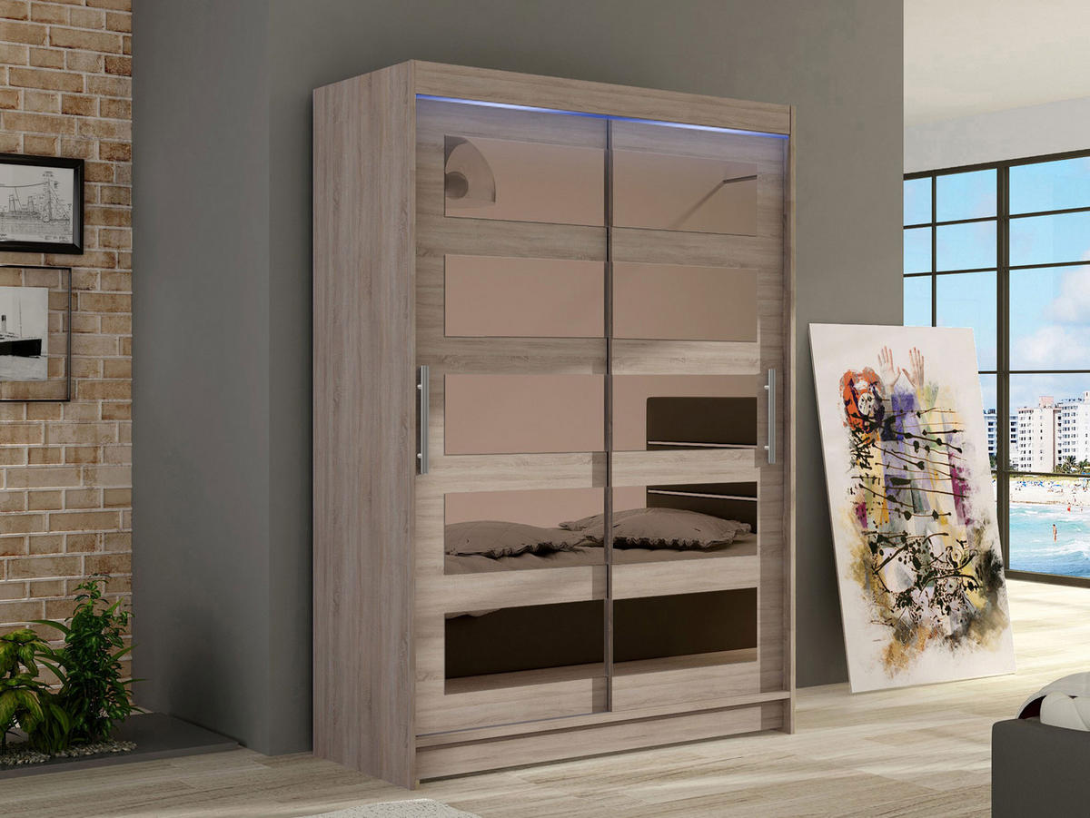 KLEIDERSCHRANK Miami IV, mit RGB LED Beleuchtung - Silberfarben/Trüffeleichefarben, Holzwerkstoff/Kunststoff (120/200/58cm) - MIRJAN24