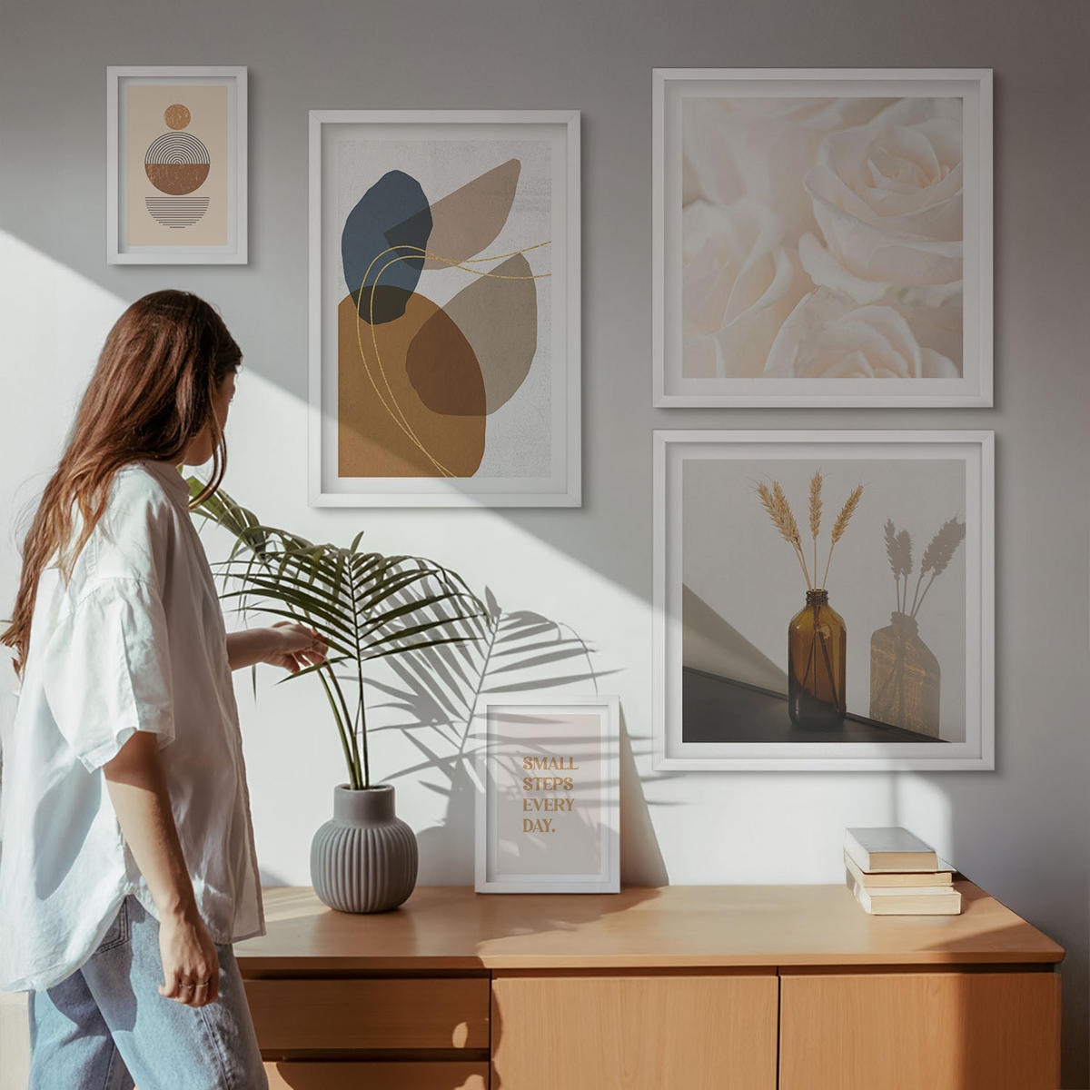 WANDBILDER 5er-Set - 50x50 cm & 20x30 cm & 40x60 cm Weißer Rahmen - Abstrakte Formen Akzente - Weiß, Kunststoff (40/60cm) - ArtPrintCave