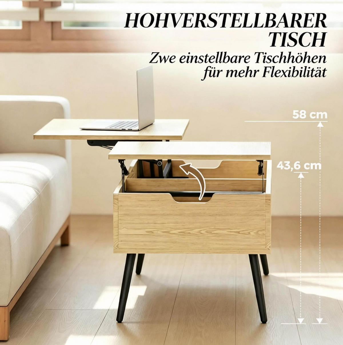 COUCHTISCH aus Spanplatte 100x50x43,6 cm Naturholz-Optik/Schwarz mit höhenverstellbarer Tischplatte - Schwarz, Metall (100/50/58cm) - IVMEU