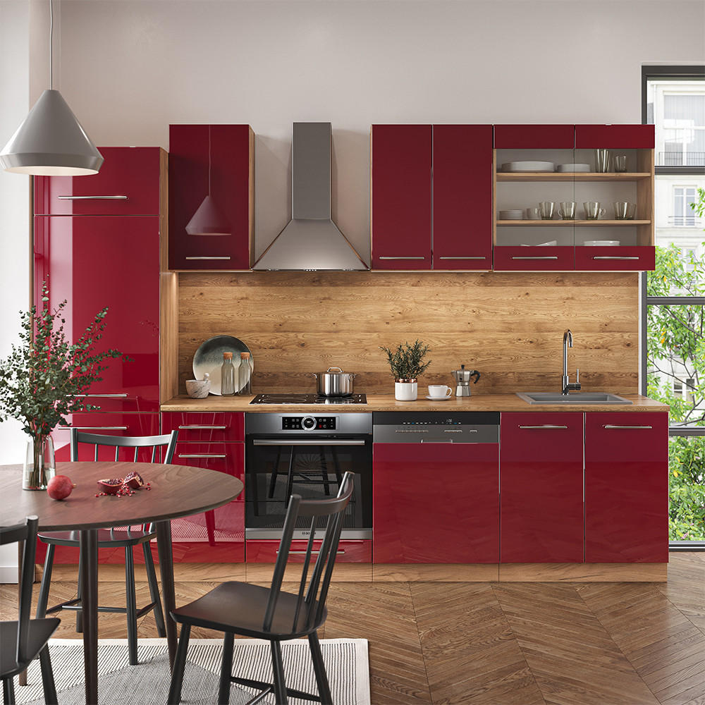 KÜCHENZEILE Fame-Line Bordeaux Hochglanz/Goldkraft Eiche 300 cm ohne AP - Bordeaux/Eiche Wotan, Holzwerkstoff (300/81.6/46cm) - Vicco