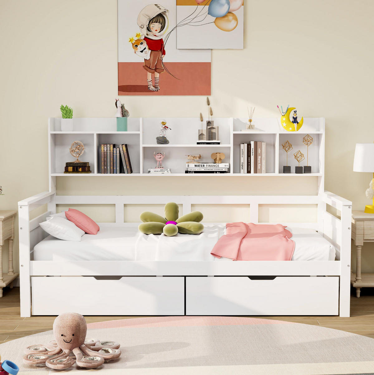 KINDEREINZELBETTEN aus Holz 90x200 cm in Weiß mit Schubladen & Regalfächern - Weiß, Holz (90/200cm) - Modfu