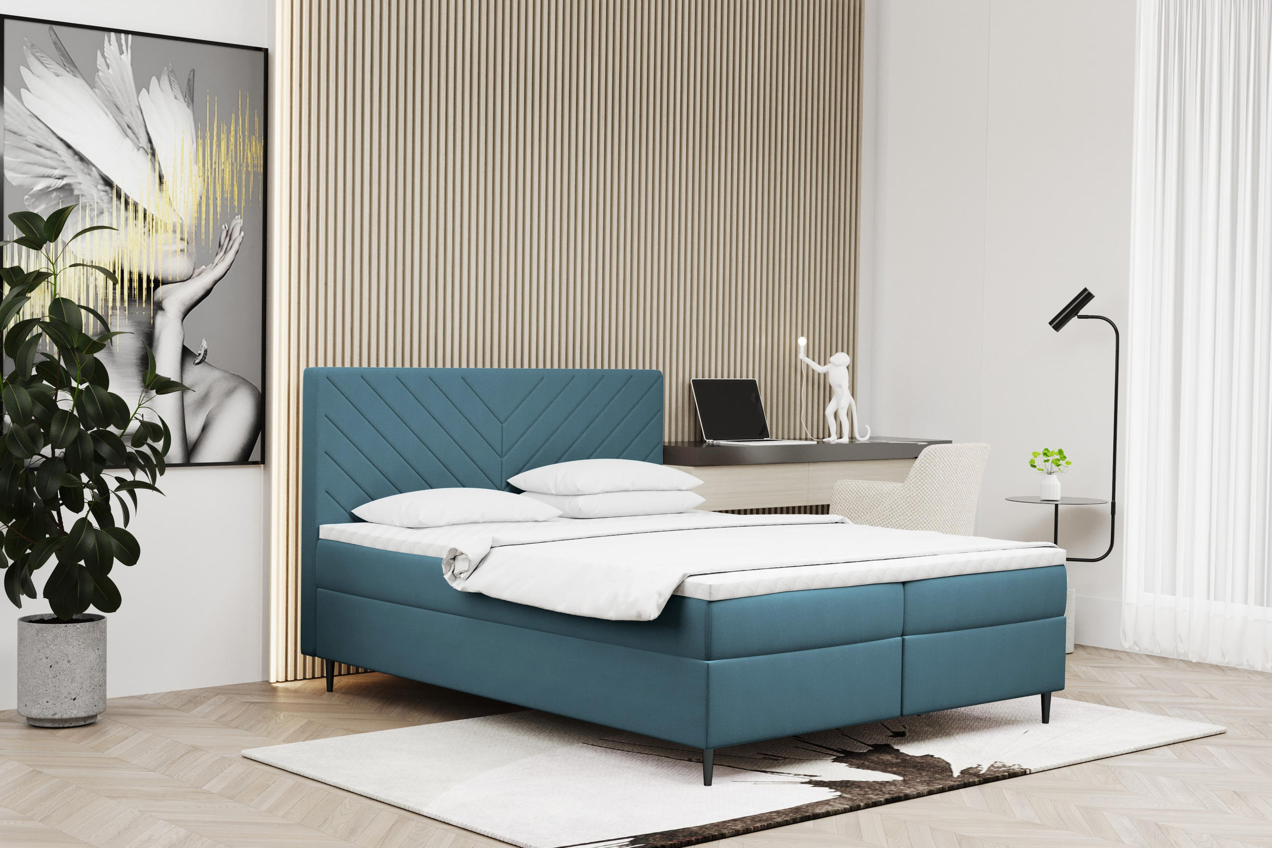 BOXBETT Mit Bettkasten Und Matratze + Topper RUGIA Stoff Velvet Grau-Blau 140x200 cm H3-Bonell - Blaugrau/Schwarz, Holz/Textil (140/200cm) - Kaiser Möbel