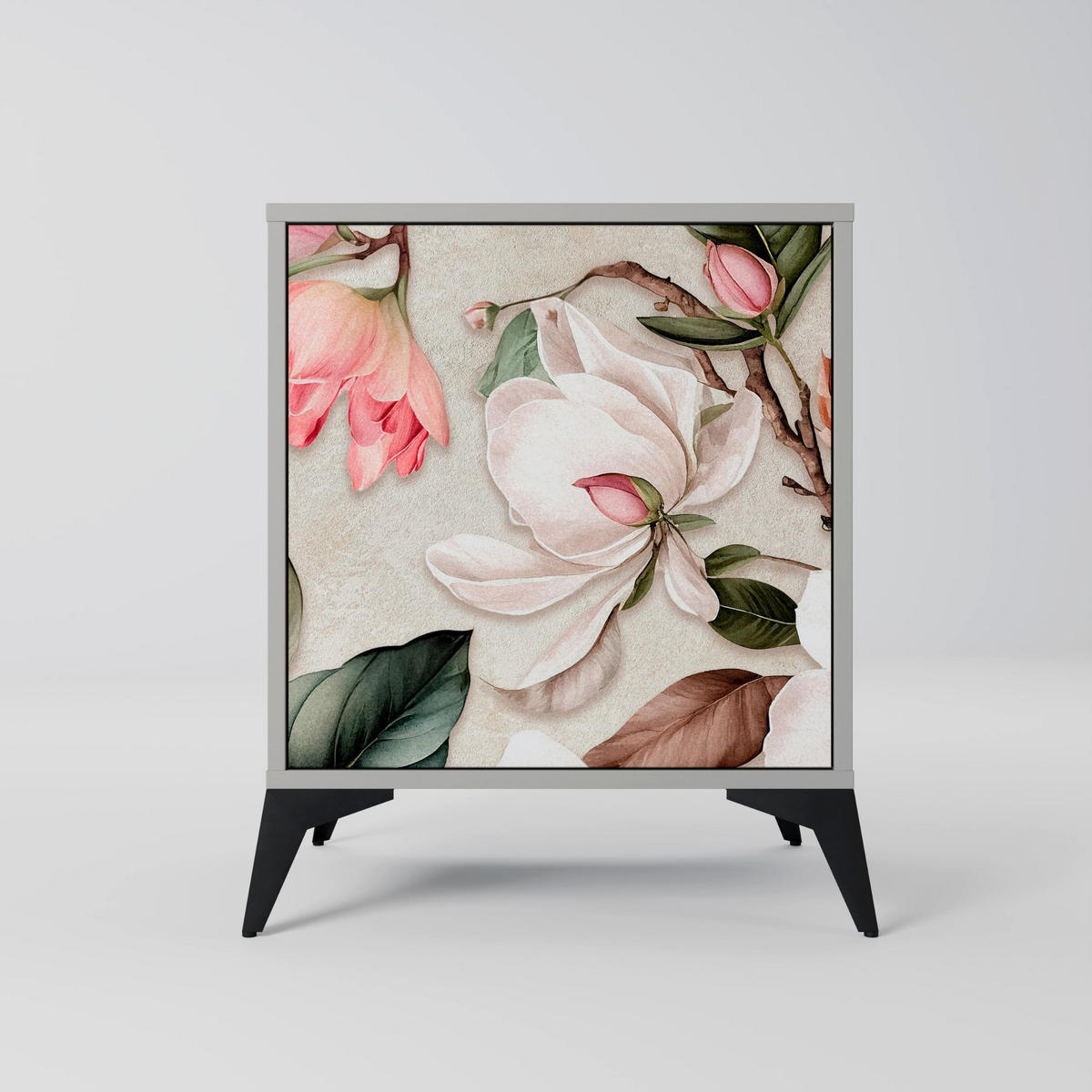 SIDEBOARD FLORAL GRACE, Grau, 57,5x42x67,5 cm, Schwarze Metall-Rahmenfüße - Multicolor/Schwarz, Holzwerkstoff/Metall (57.5/67.5/42cm) - SpaceRebels