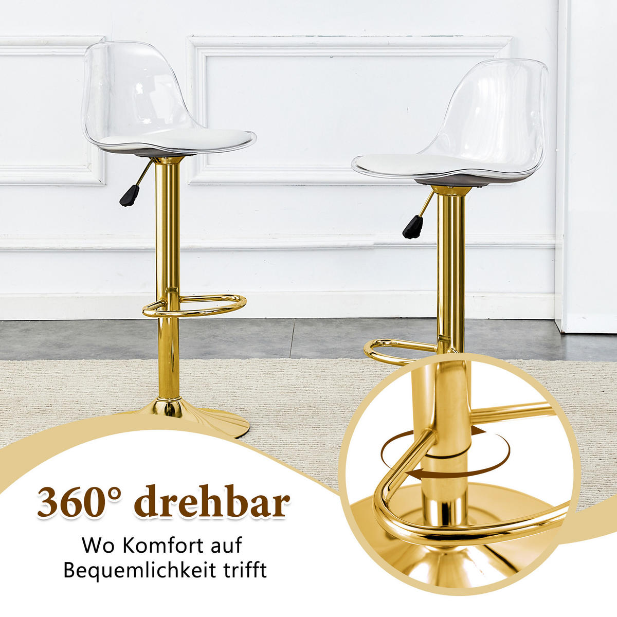 BARHOCKER 2er-Set Gold und Transparent Höhenverstellbar 360° Drehbar mit Rückenlehne und Fußstütze - Goldfarben, Metall (33/82/40.5cm) - PANGIVO