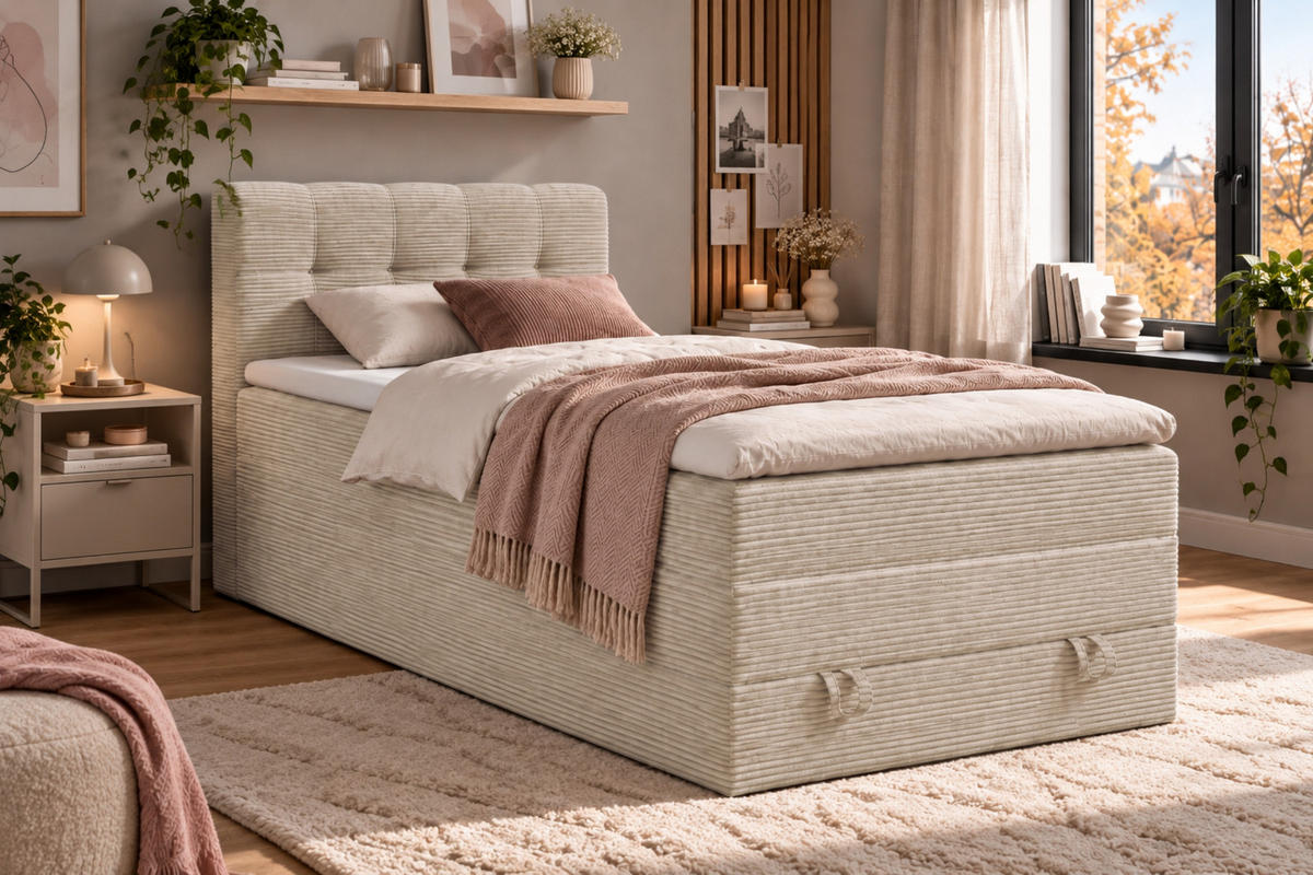 BOXSPRINGBETT JUNG 2 100/200 Cord Creme mit Matratzen H3 + H4 - Creme, Holz/Holzwerkstoff (100/200cm) - Deine Möbel 24