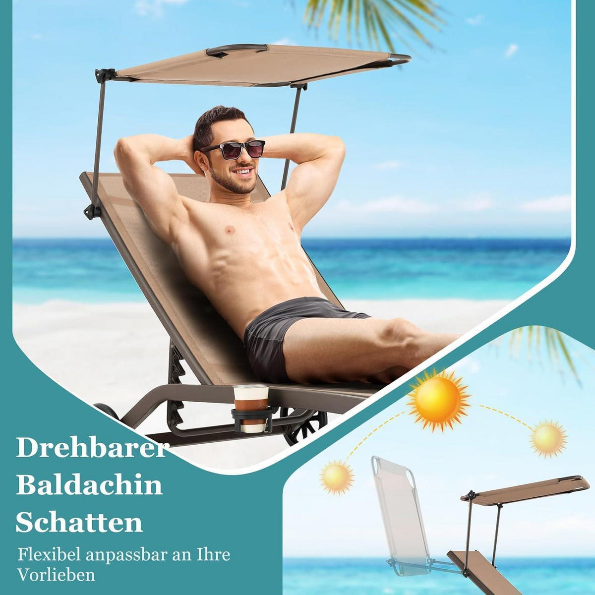 GARTENLIEGE mit Dach & Getränkehalter Braun 165 x 61 x 96 cm - Braun, Metall (61/96/165cm)