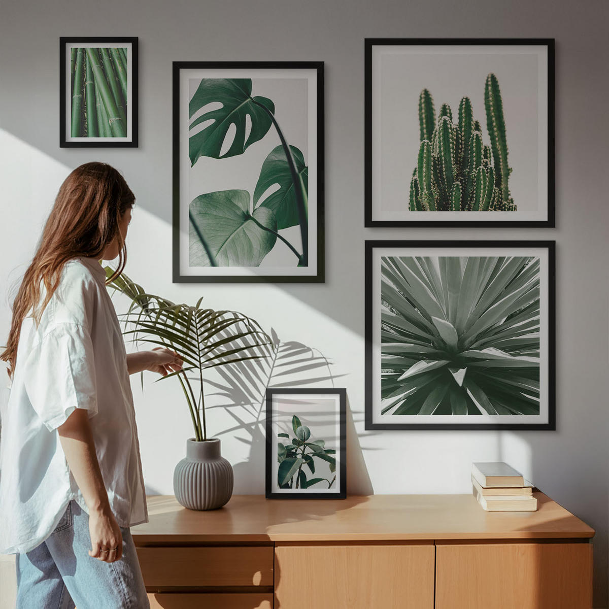 WANDBILDER 5er-Set - 50x50 cm & 20x30 cm & 40x60 cm Schwarzer Rahmen - Bambusblätter - Schwarz, Kunststoff (40/60cm) - ArtPrintCave