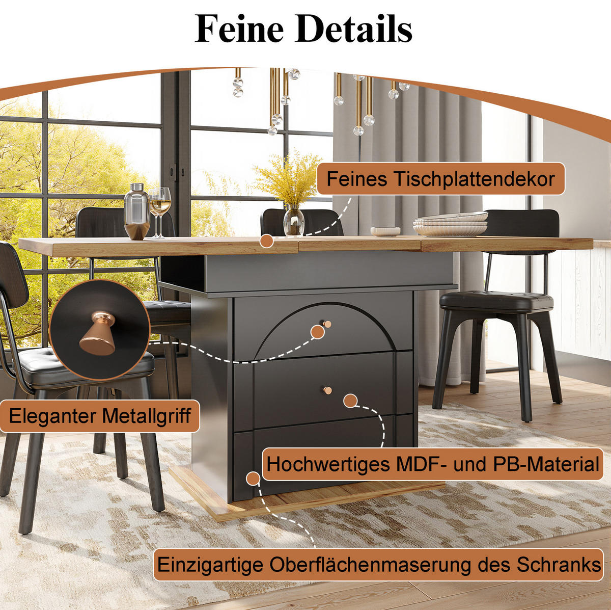 ESSTISCH Ausziehbarer aus MDF mit Stauraum & Klapptür, 110–140/80/75 cm, Schwarz/Natur - Schwarz, Holzwerkstoff (110/80/75cm) - Redom