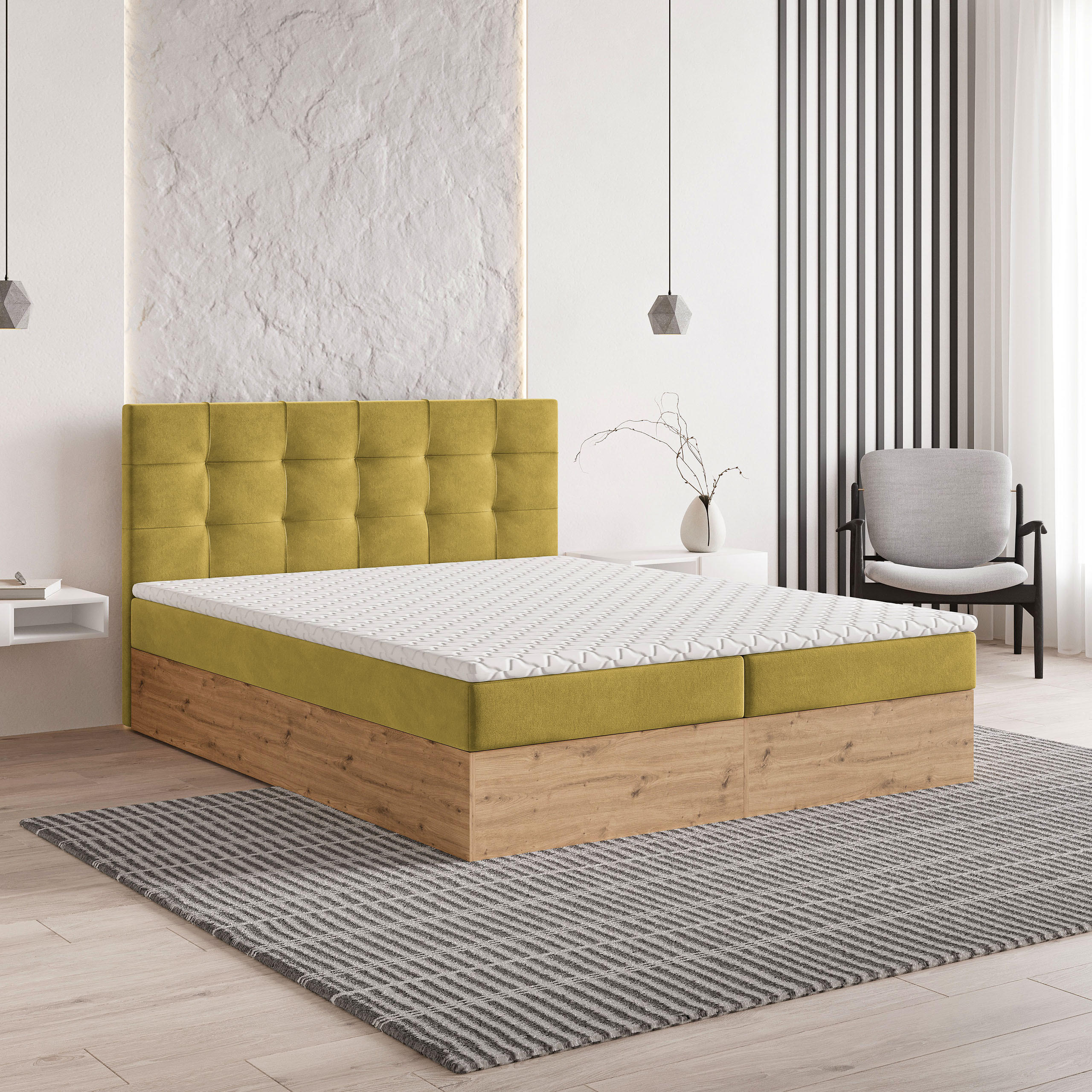 BOXBETT MOLVEN 140x200 cm mit Matratze und Topper - Gelb - Gelb, Holz (140/200cm) - MASSENO