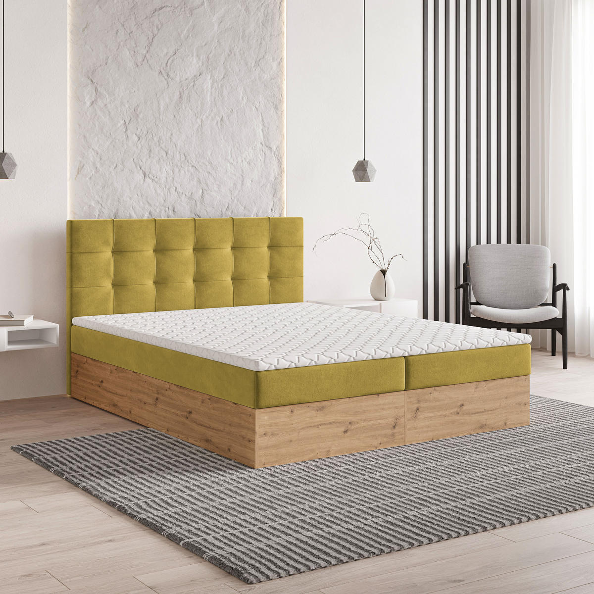 BOXBETT MOLVEN 180x200 cm mit Matratze und Topper - Gelb - Gelb, Holz (180/200cm) - MASSENO