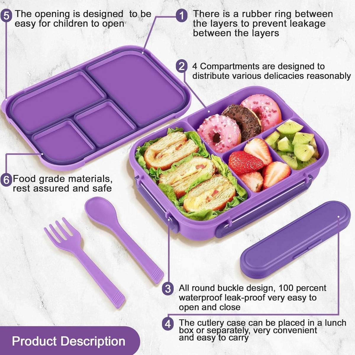 BENTO Box Kinder 1200ml 4 Fächer Lila mit Besteck - Lila, Kunststoff (16/5.8/22.5cm)