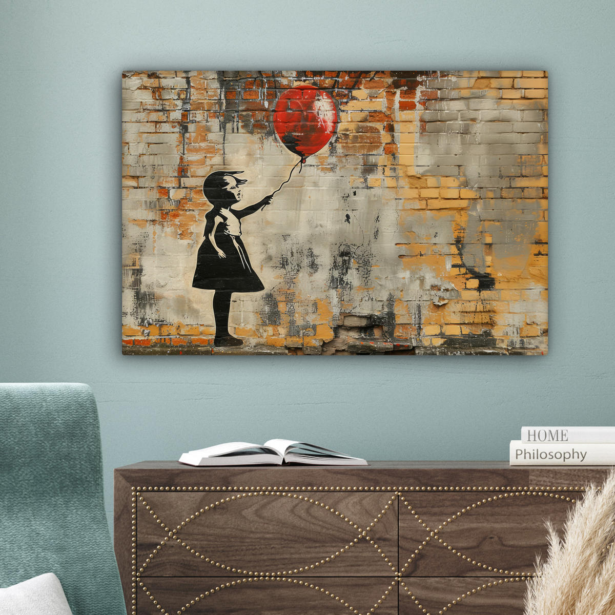 LEINWANDBILD Graffiti - Banksy - Mädchen - Straßenkunst Wanddeko 90x60 cm - Sandfarben, Textil (90/60cm) - MuchoWow