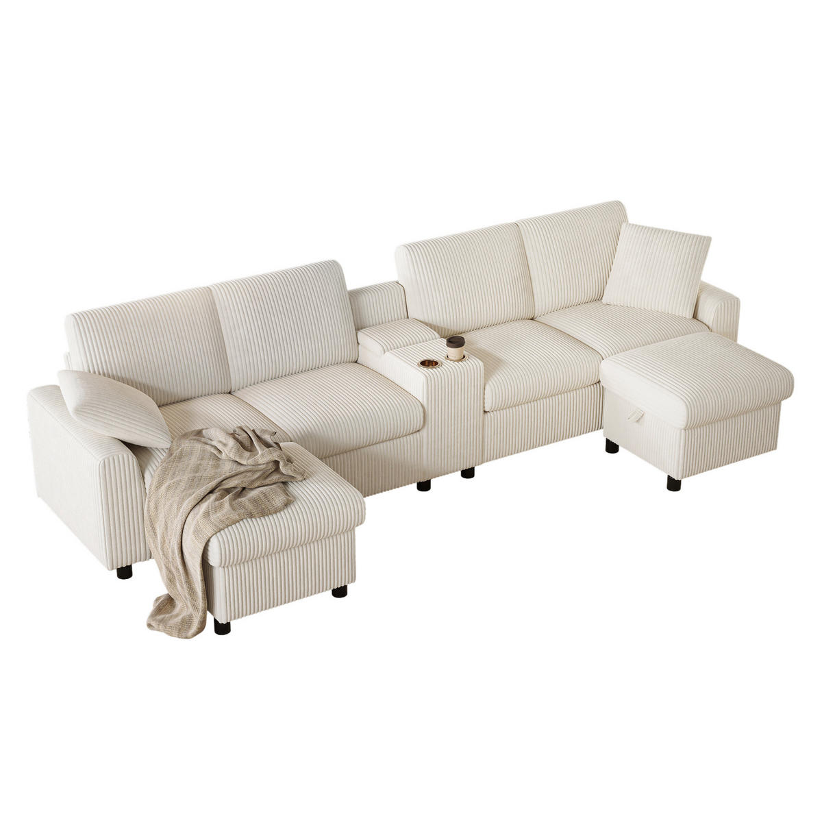 WOHNLANDSCHAFT 315/135/81 cm in Beige aus Cord mit Stauraum und Ladefunktion - Beige, Textil (315/81/135cm) - Flora Grace