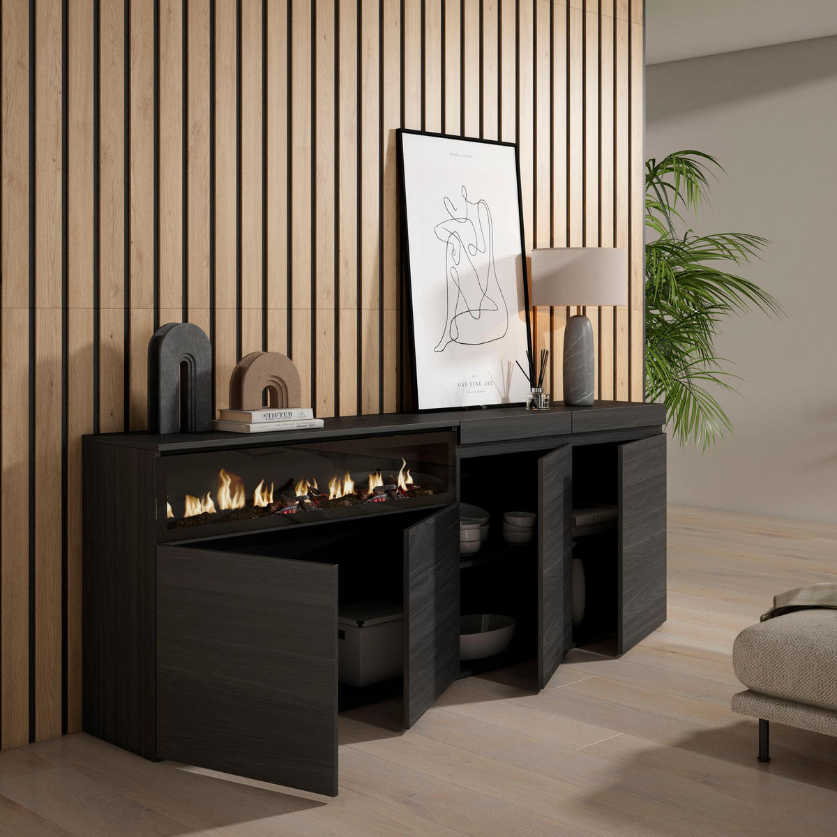 SIDEBOARD Elektrokamin, schwarz, 200/35/75cm - Schwarz, Holzwerkstoff (200/75/35cm) - Skraut Home