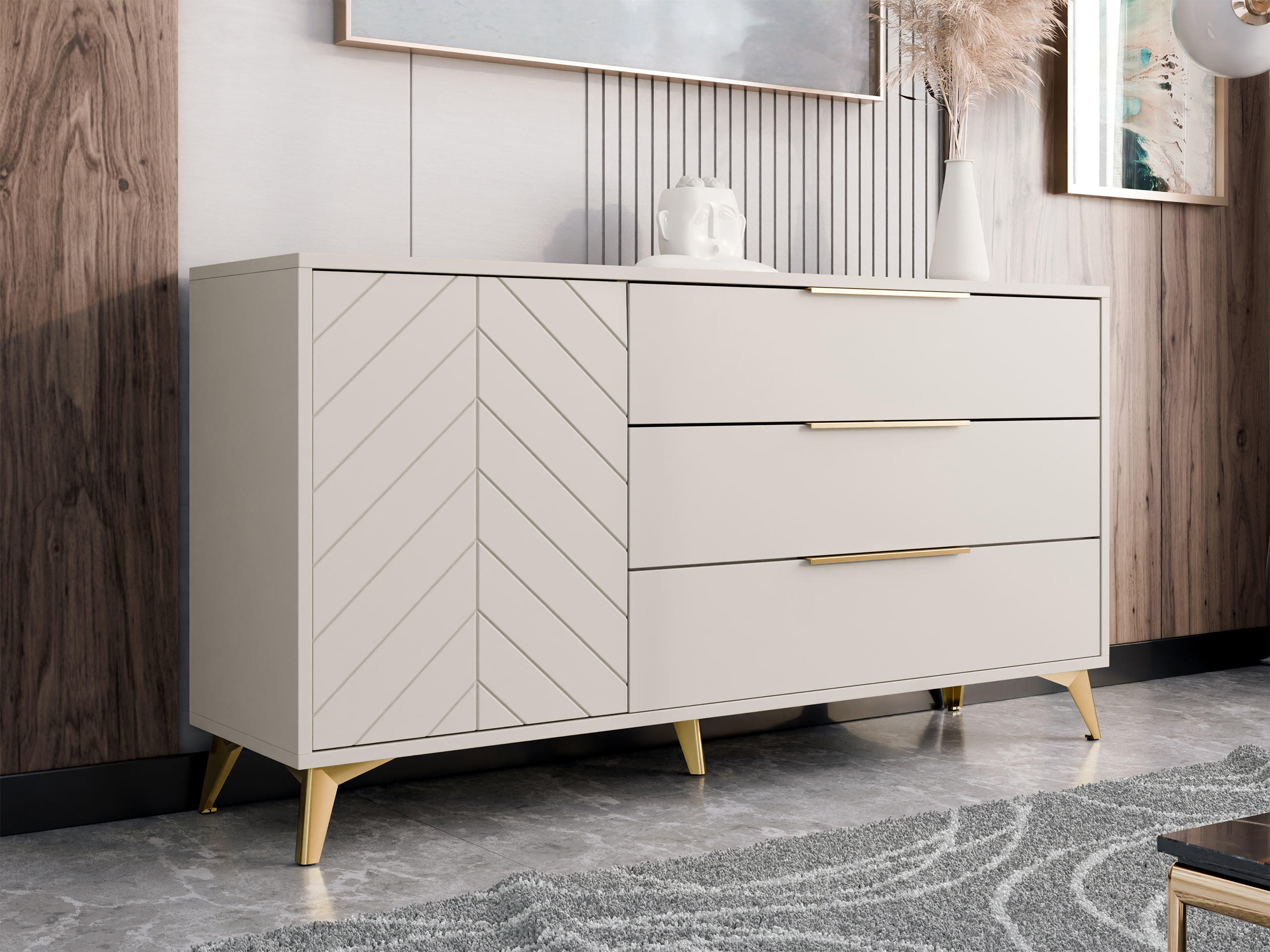 KOMMODE Xylix 1D3SZ - Beige/Goldfarben, Holzwerkstoff/Metall (154/80/40cm) - MIRJAN24