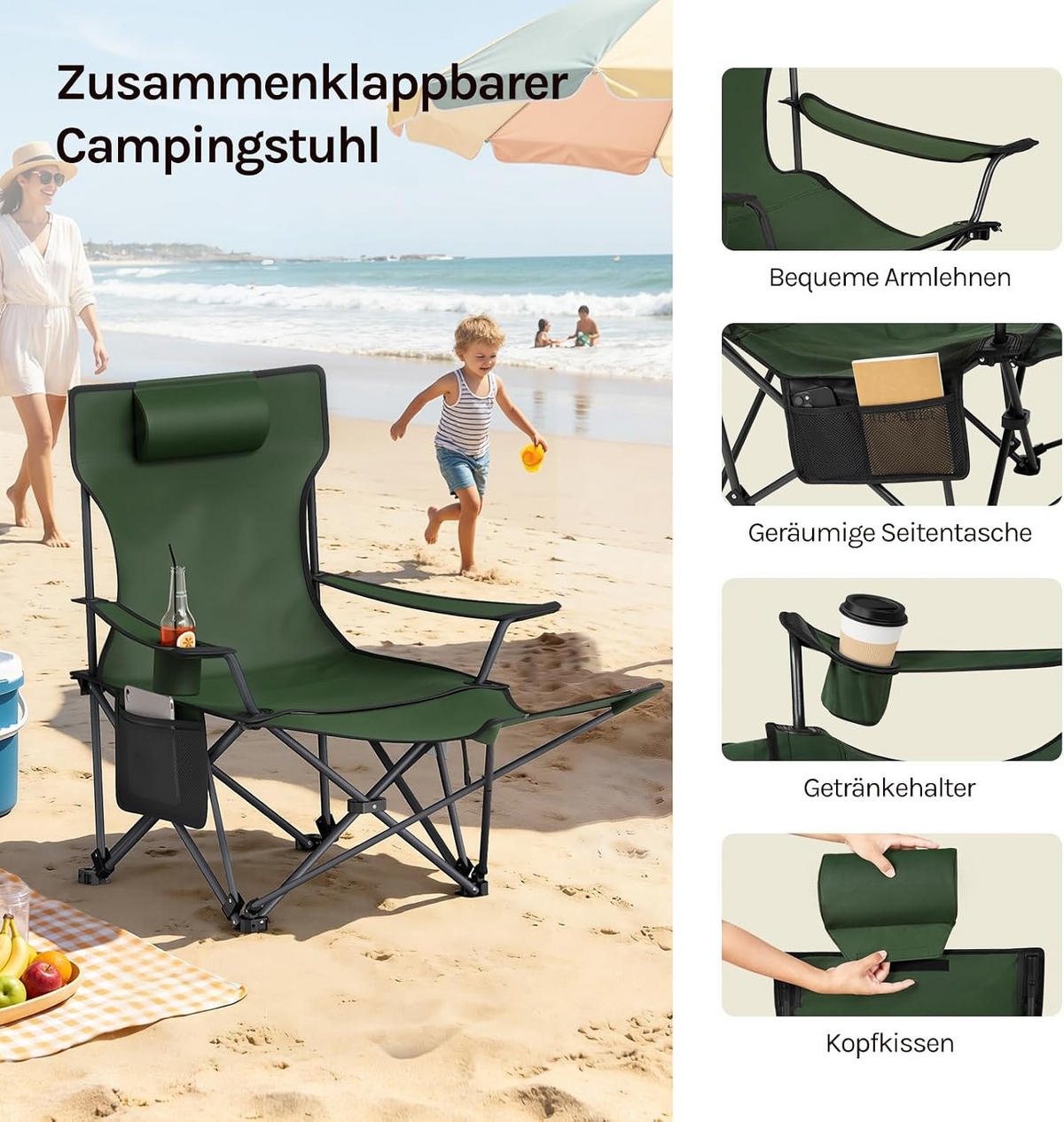 CAMPINGSTUHL Faltbar mit Fußablage Grün - Grün, Textil (84/88.5/160cm) - Woltu