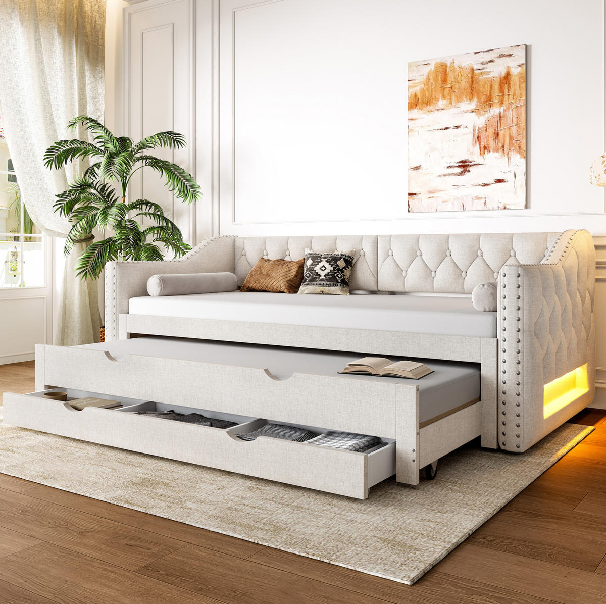 TAGESBETT aus MDF und Leinenmischgewebe 90x200 cm Beige mit LED-Beleuchtung, Ausziehbett und 3 Schubladen - Beige, Textil (90/200cm) - Modfu