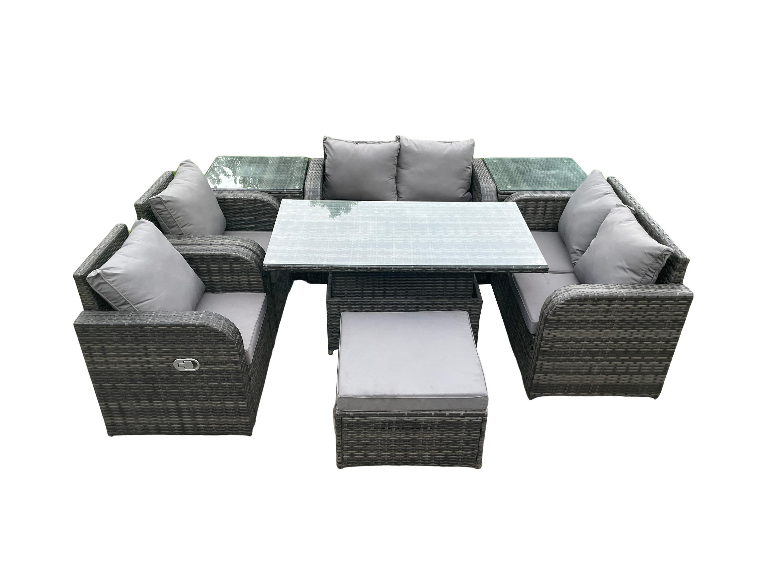 GARTENTISCHGRUPPE Polyrattan 7-Sitzer - Dunkelgrau/Grau, Glas/Kunststoff - Fimous