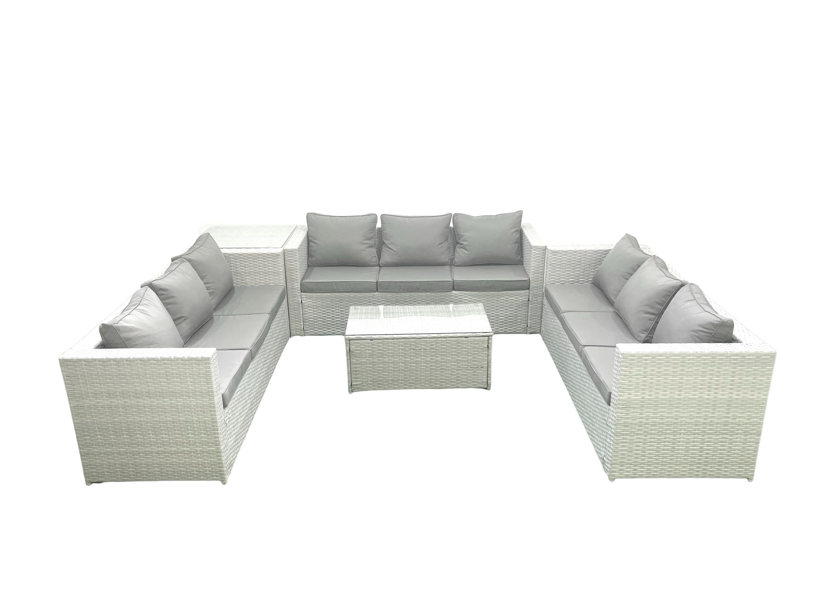 GARTENSET mit 3-SITZER SOFA,COUCHTISCH Polyrattan Hellgrau-Mix 9-Sitzer - Hellgrau/Grau, Glas/Kunststoff - Fimous
