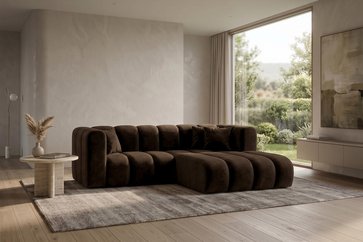 ECKSOFA Modulares In L-Form, Velvet-Stoff Riviera, Schokolade, Rechts, GRAND - Braun, Holz (227/179cm) - Kaiser Möbel