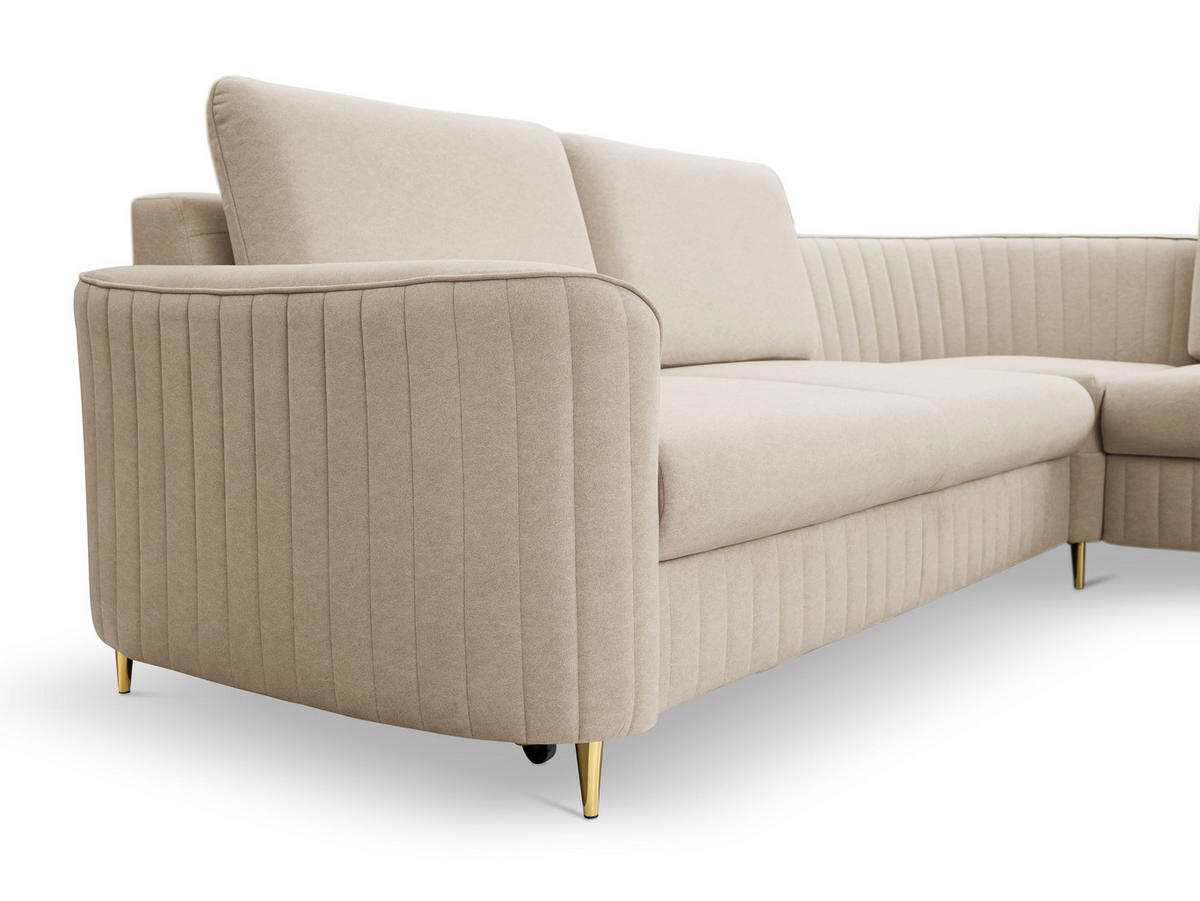 ECKSOFA VELA L-S Beige Velours-Stoff mit Schlaffunktion - Beige, Holz (251/251cm) - MASSENO